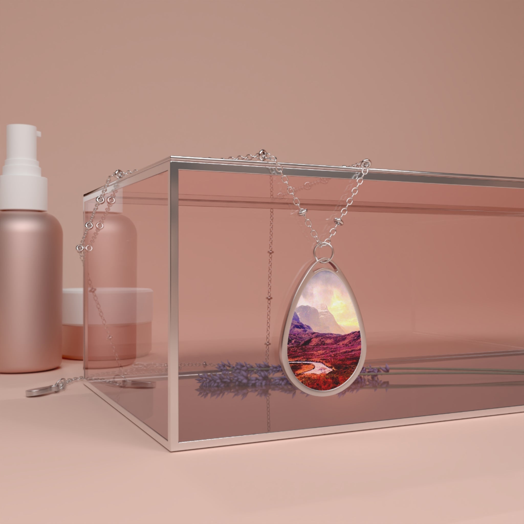 Silver teardrop necklace with colorful Glencoe landscape pendant