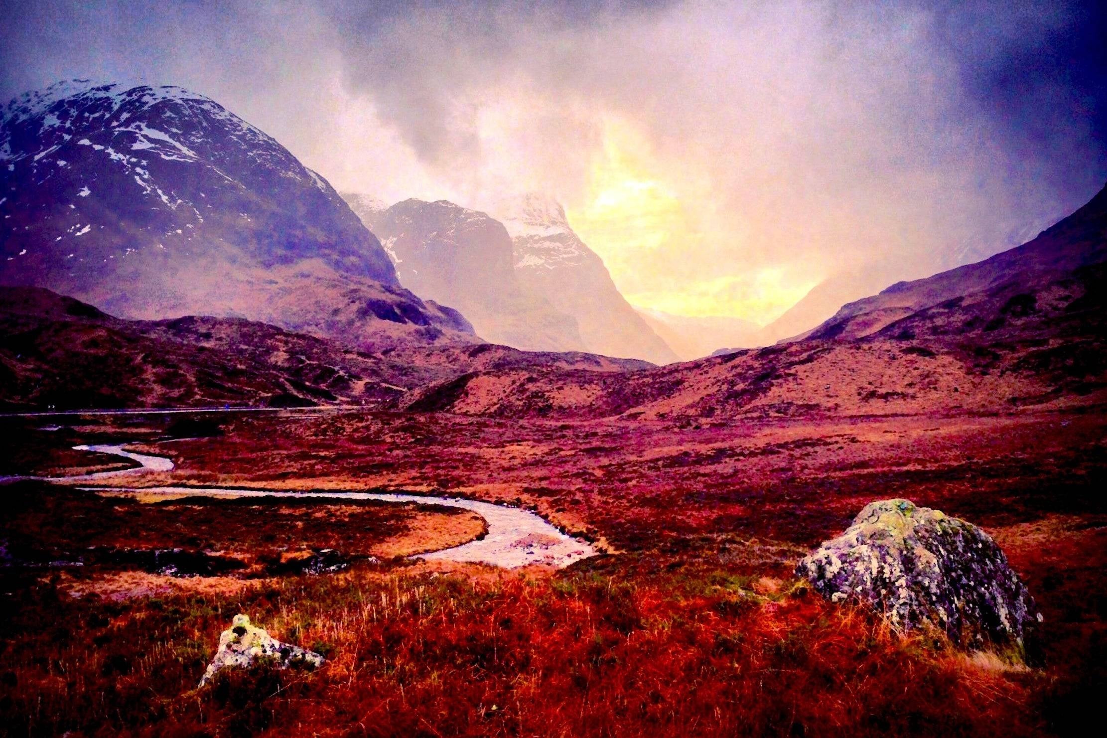 Winding river through vibrant Scottish mountains under dramatic sky in Glencoe wall art