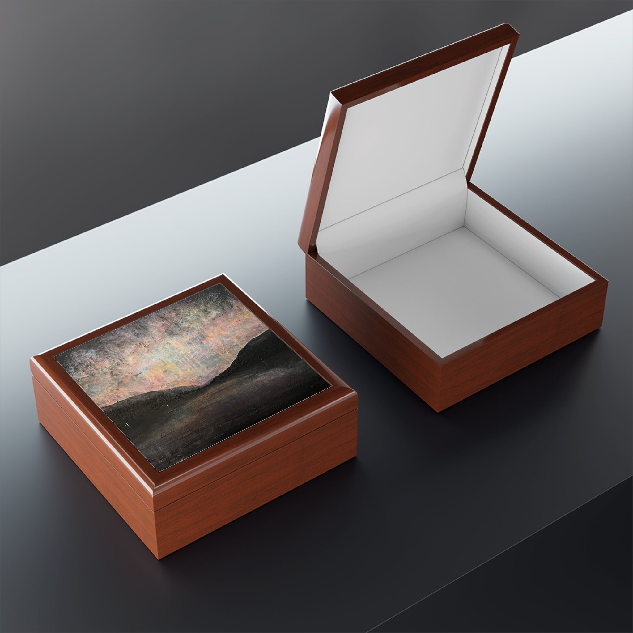 Open brown leather Loch Lomond art jewelry box with white interior and black velvet lining