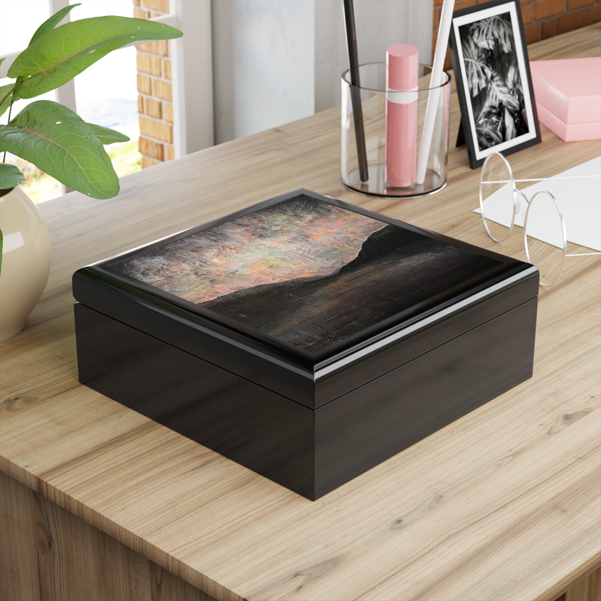 Black wooden A Brooding Loch Lomond jewellery box with map lid, silver accents