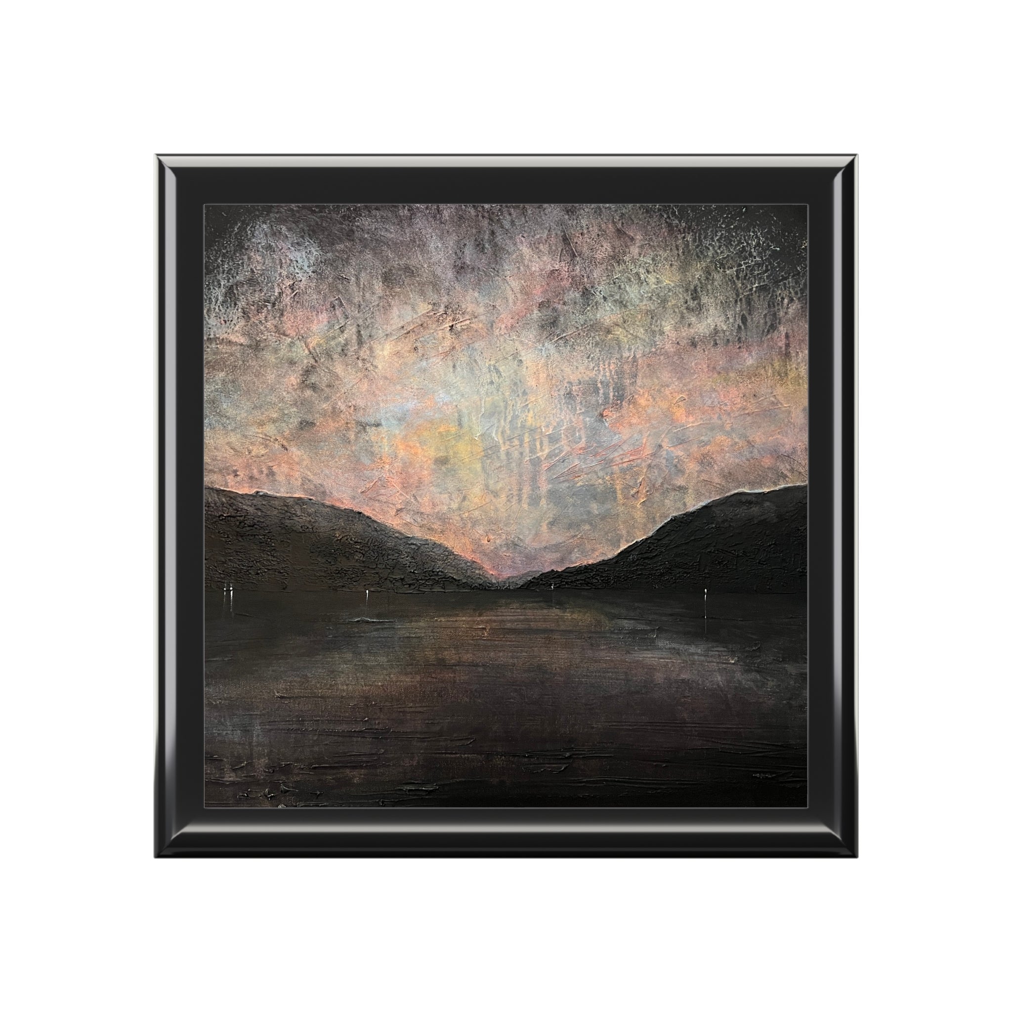 Black framed abstract Loch Lomond landscape painting in jewellery box
