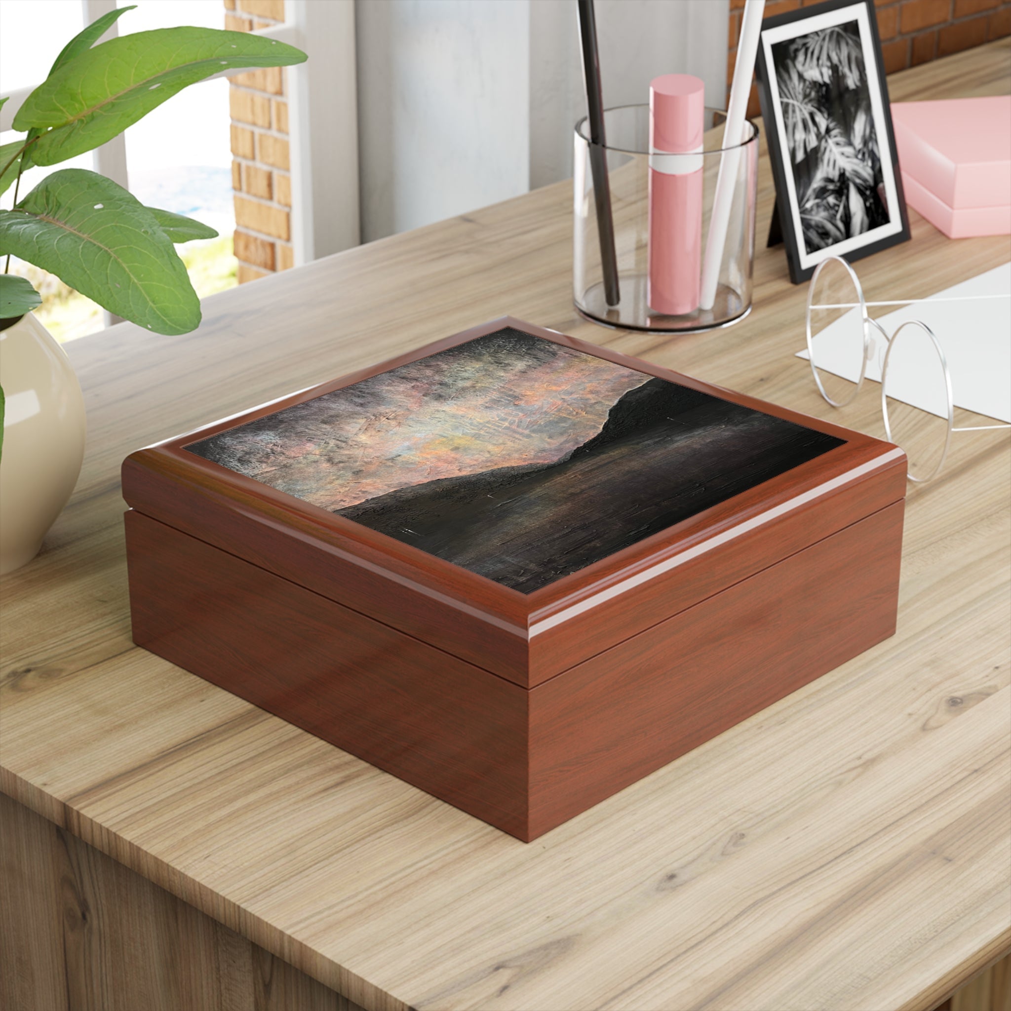 Wooden A Brooding Loch Lomond art jewellery box on light desk