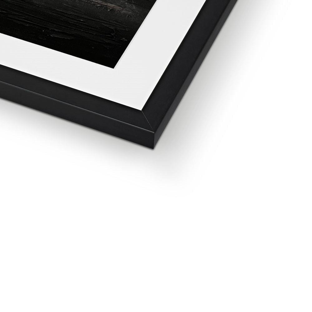 Black matte frame with white mat showcasing a dark Loch Lomond print