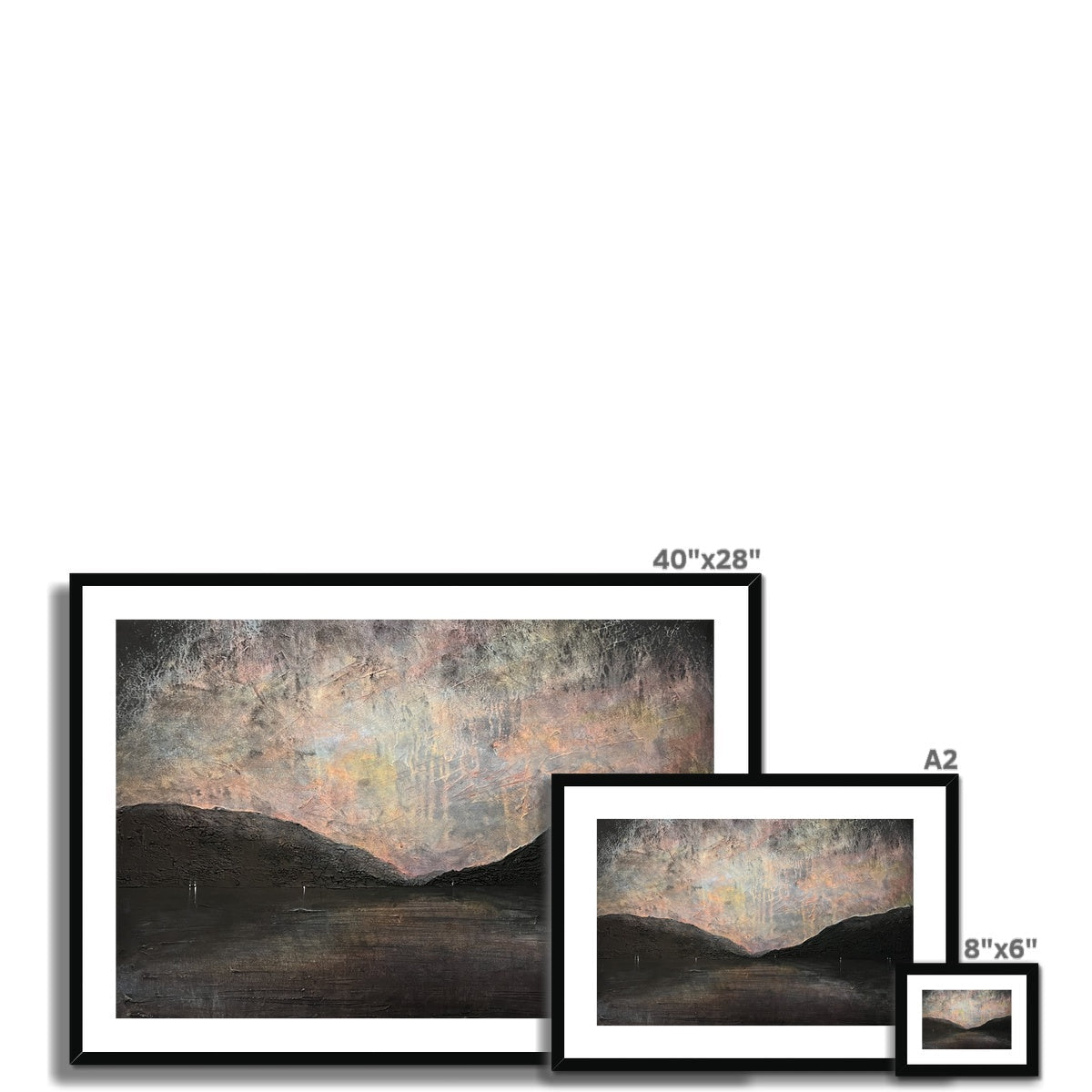 Framed abstract landscape print of Loch Lomond with black frame and white mat, 40x28 inches