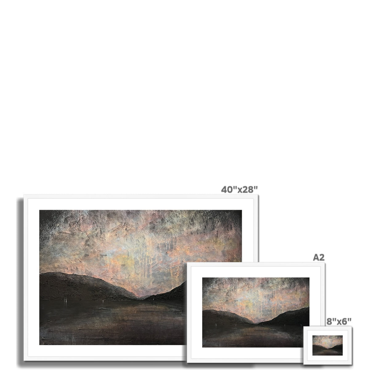 40x28 inch framed abstract landscape print of Loch Lomond with white matte and black border