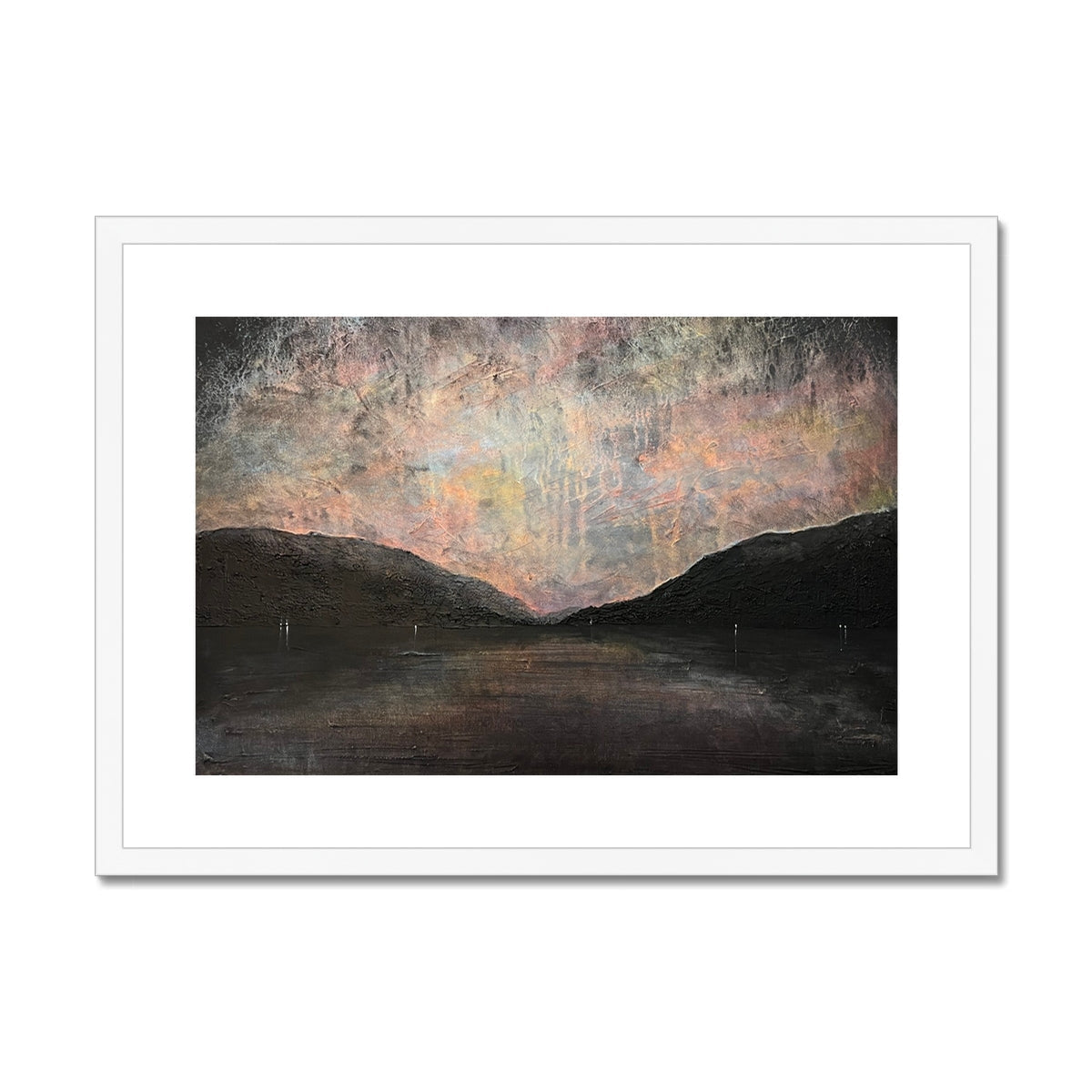 White framed abstract landscape art print of a serene Loch Lomond mountain scene