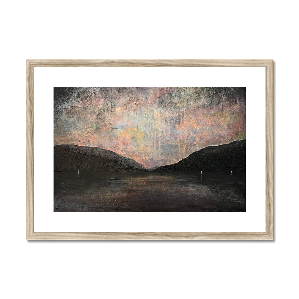 Wooden-framed abstract landscape art print of Loch Lomond with muted earth tones