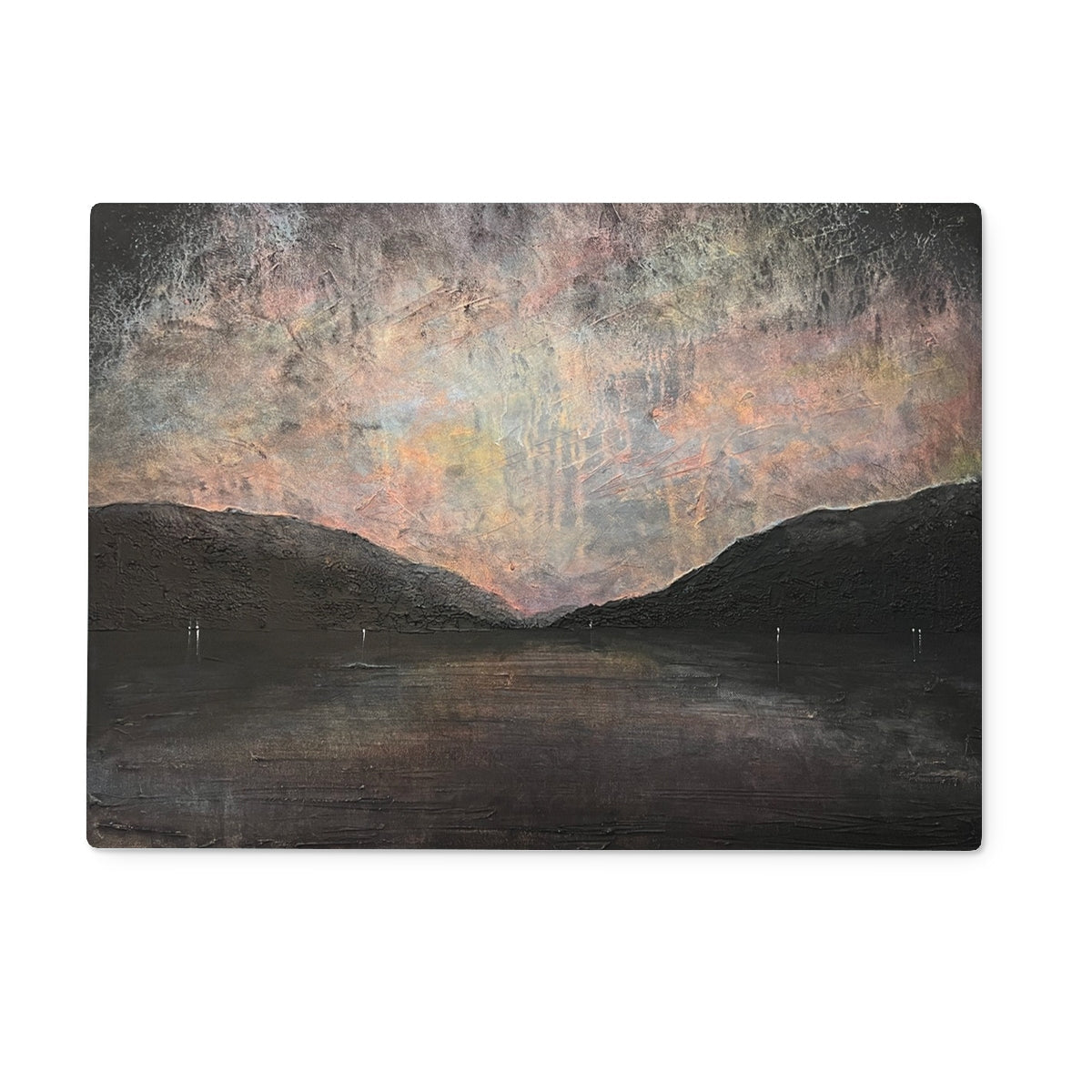 Dark mountain landscape wall art with textured surface in muted earth tones for Loch Lomond chopping board