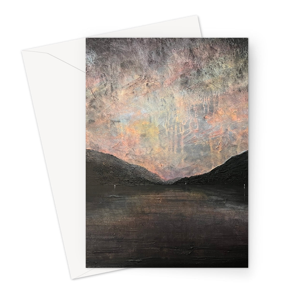 Black and white greeting card with abstract mountain design and textured surface