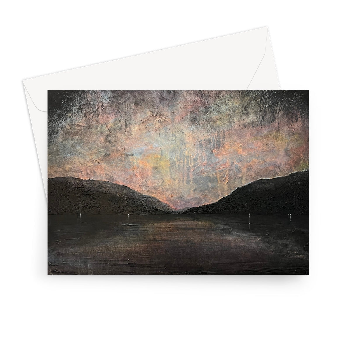 Black and white greeting card with abstract landscape of hills, sky, and water for Brooding Loch Lomond