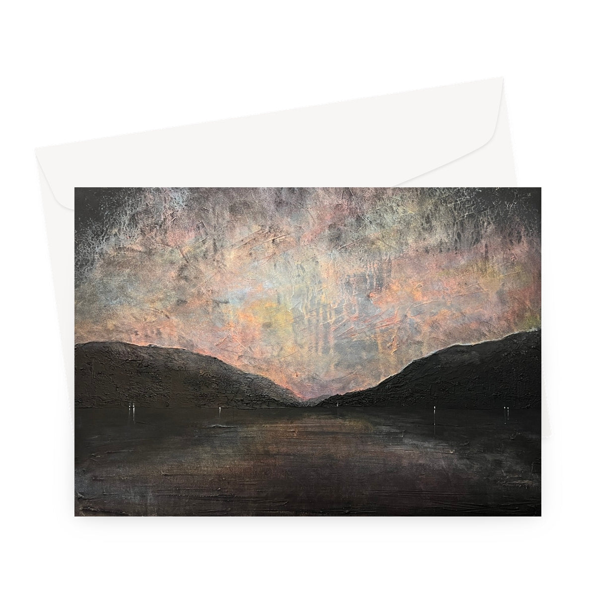 Black and brown abstract landscape greeting card with envelope for Brooding Loch Lomond scene