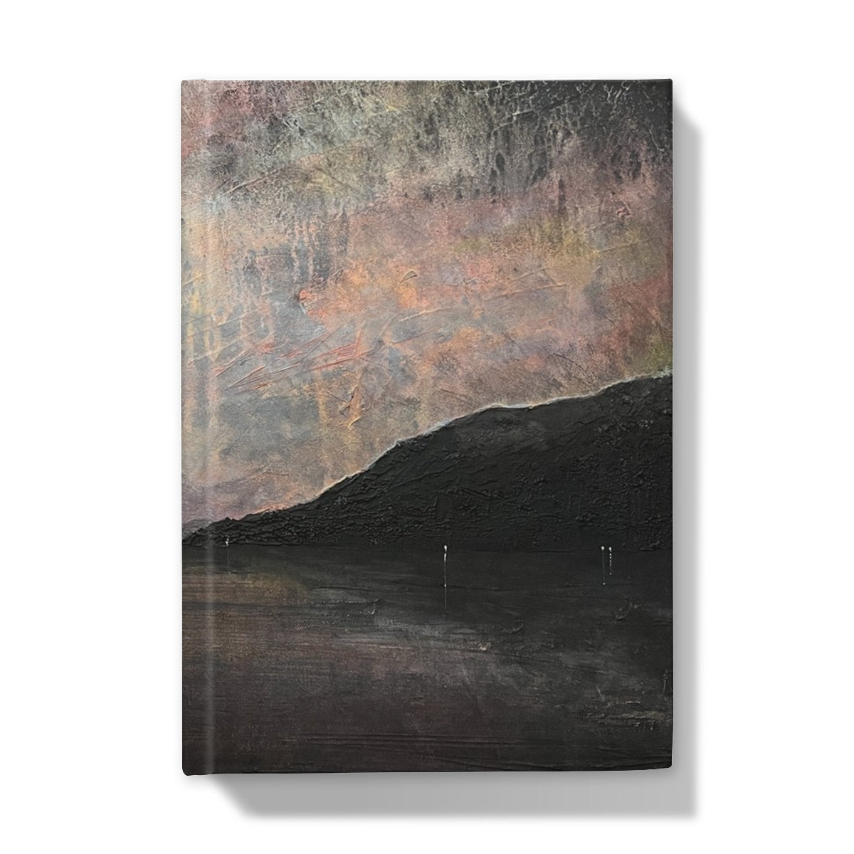Canvas wall art of a mountain landscape with muted earth tones for the Brooding Loch Lomond journal