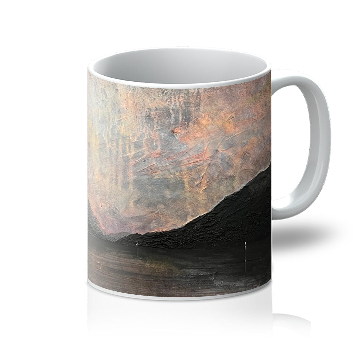 White ceramic A Brooding Loch Lomond Mug with abstract metallic and earthy tones