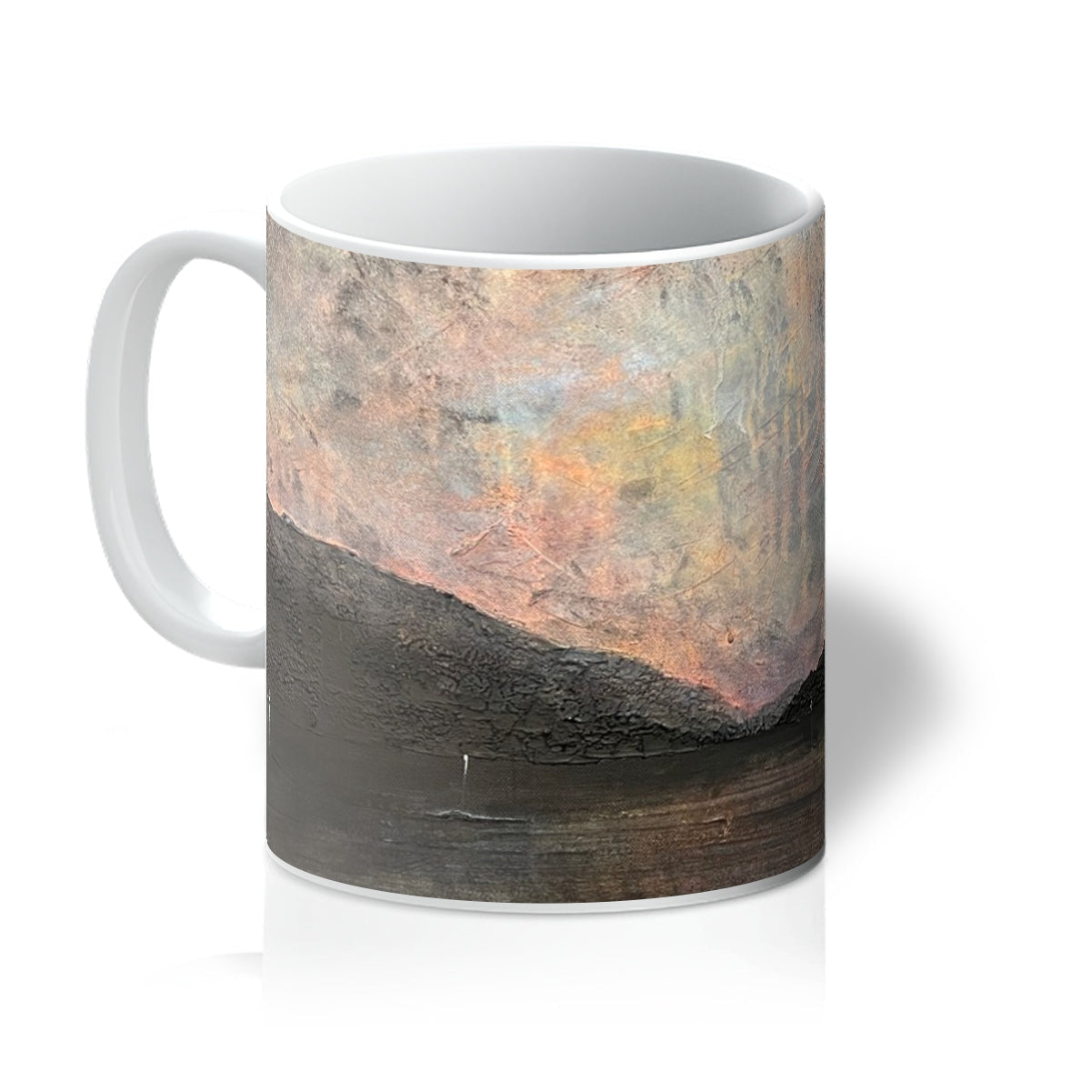 White ceramic Brooding Loch Lomond Mug with abstract earth tone design