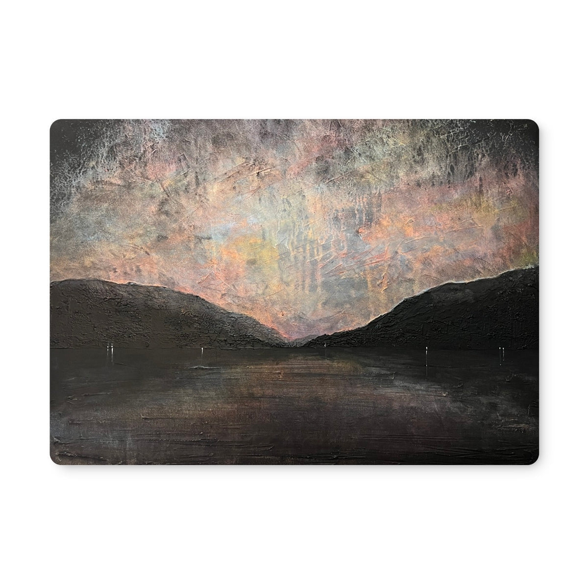 Black and gray abstract landscape painting with textured brushstrokes on Loch Lomond placemat