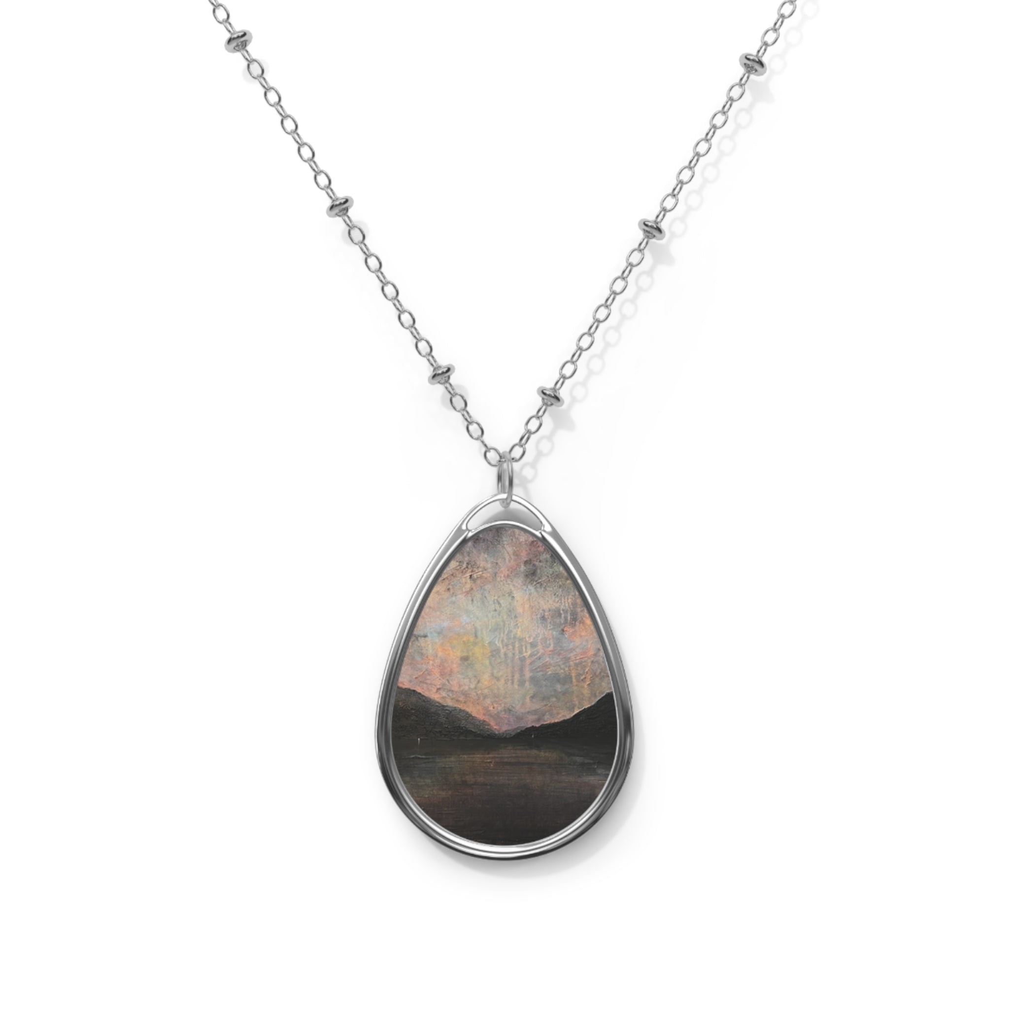 Silver teardrop necklace with brooding Loch Lomond landscape pendant