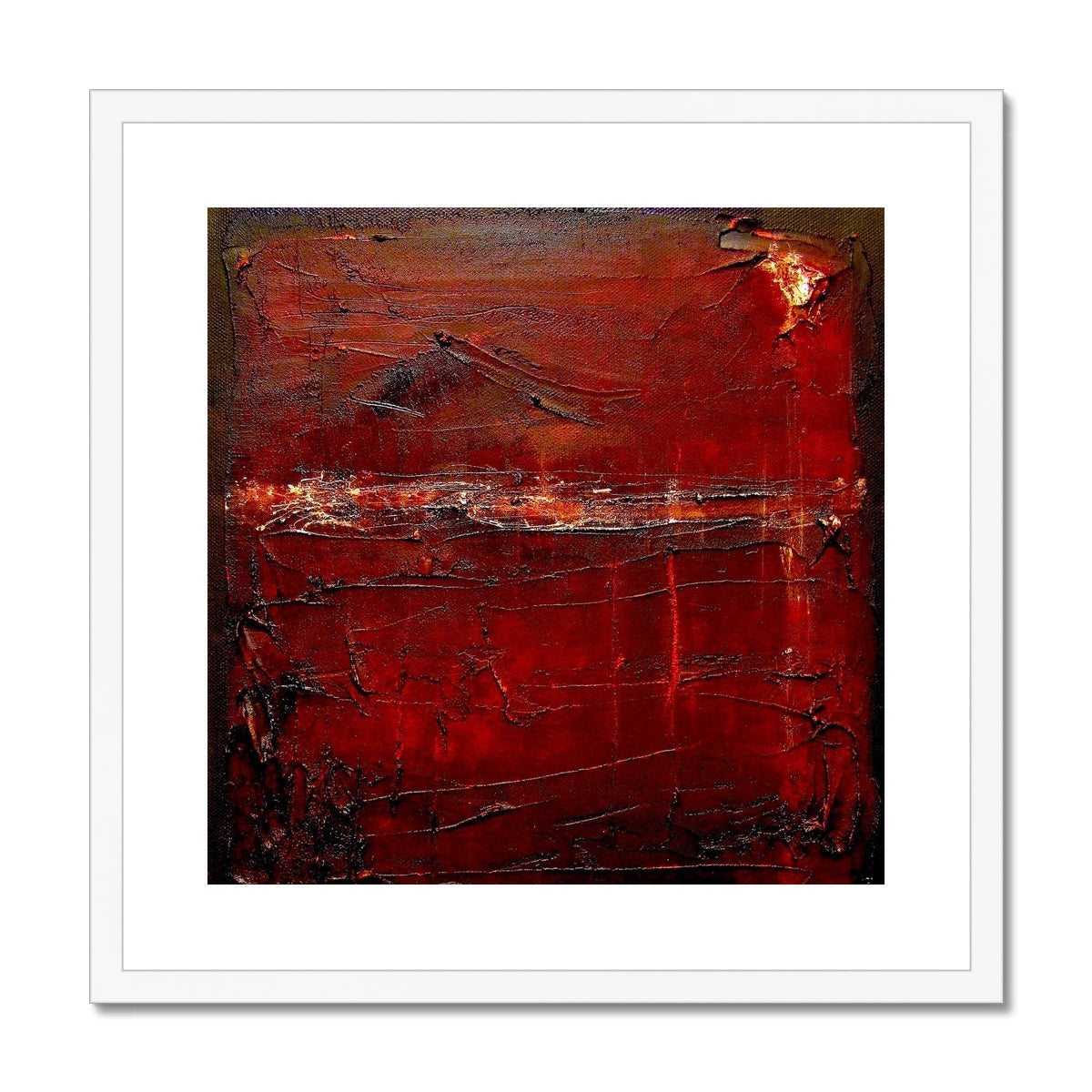 Red abstract textured brushstrokes with metallic accents in Brooding Loch Rannoch print