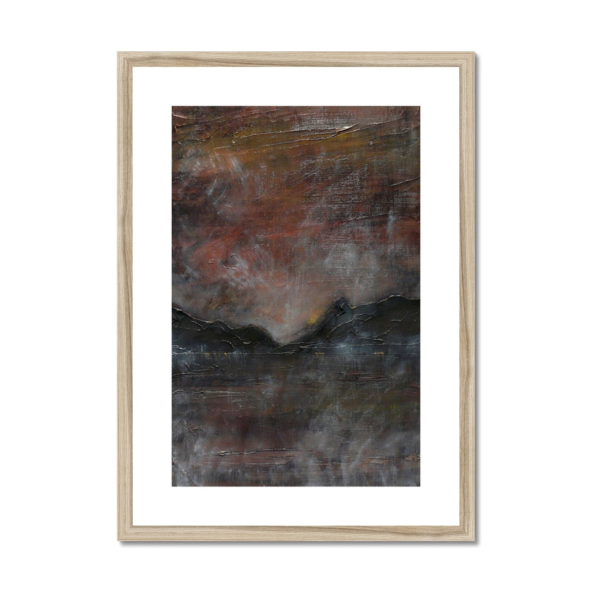 Wooden-framed abstract print of A Brooding Pap of Glencoe in earthy tones