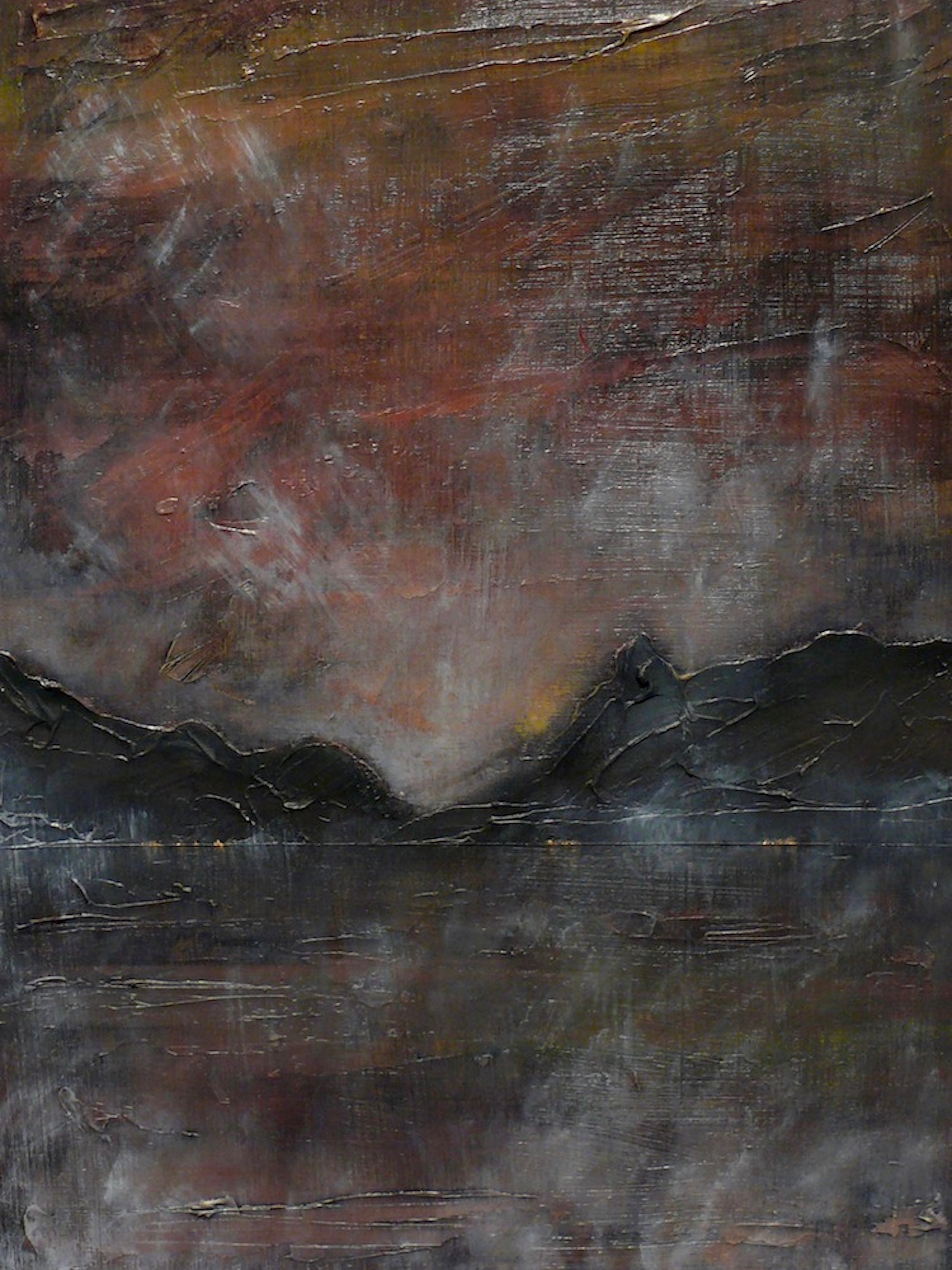 Abstract Glencoe landscape painting depicting mountains over water under a dramatic sky