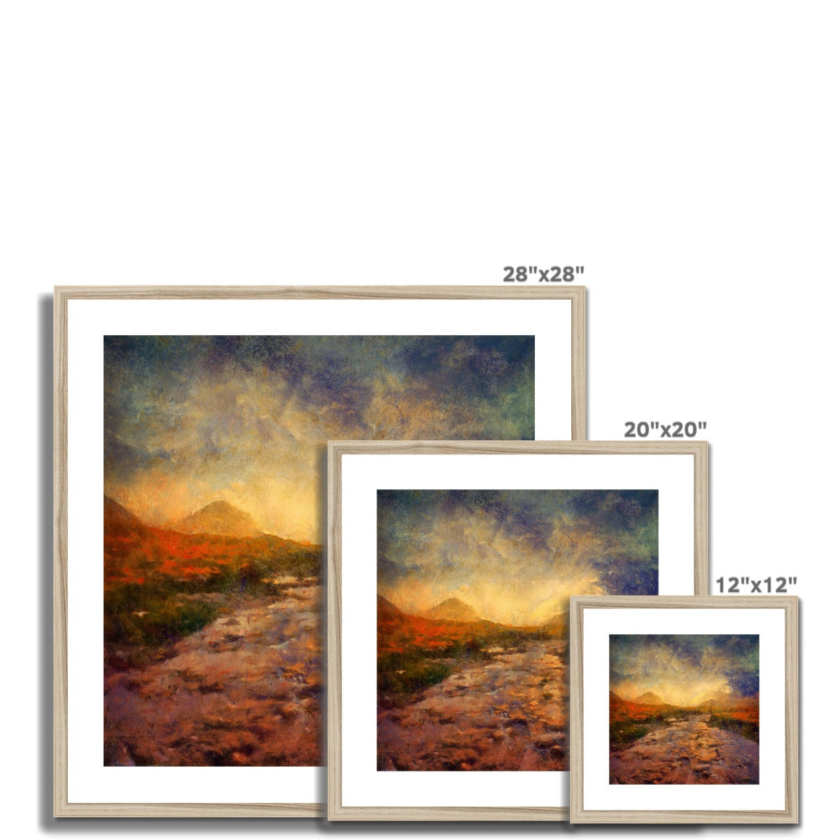 Three framed sunset mountain art prints in light wood, A Brooding Sligachan