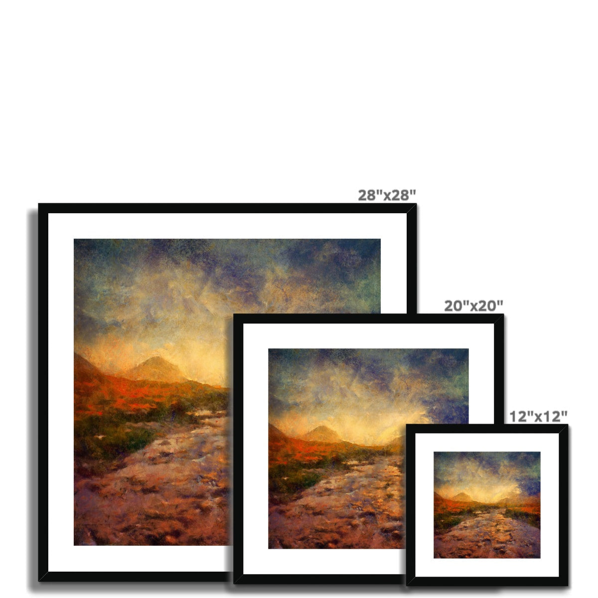 Three black-framed Sligachan landscape prints, 28x28, 20x20, 12x12 inches