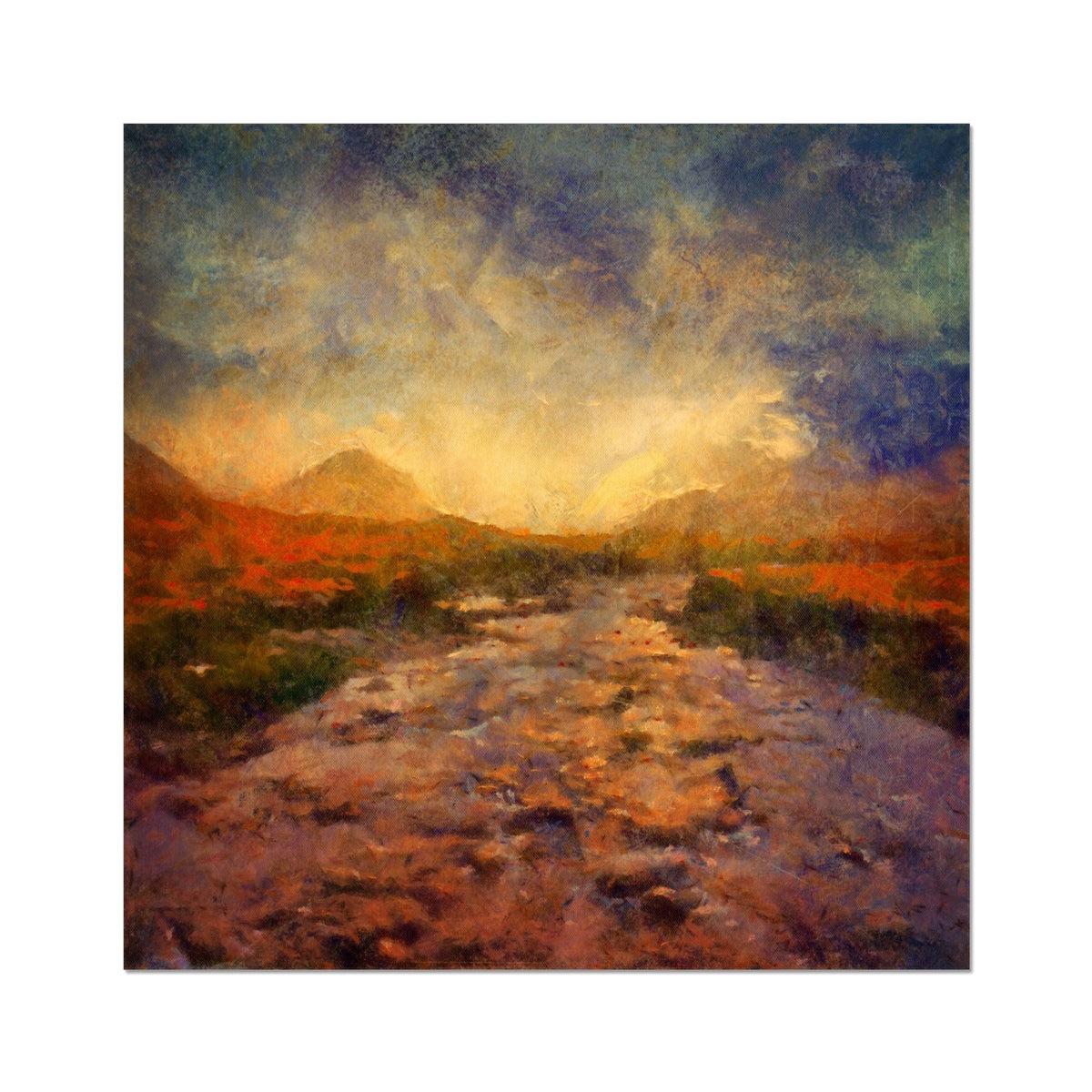 Impressionistic Sligachan landscape print with winding path under dramatic sky