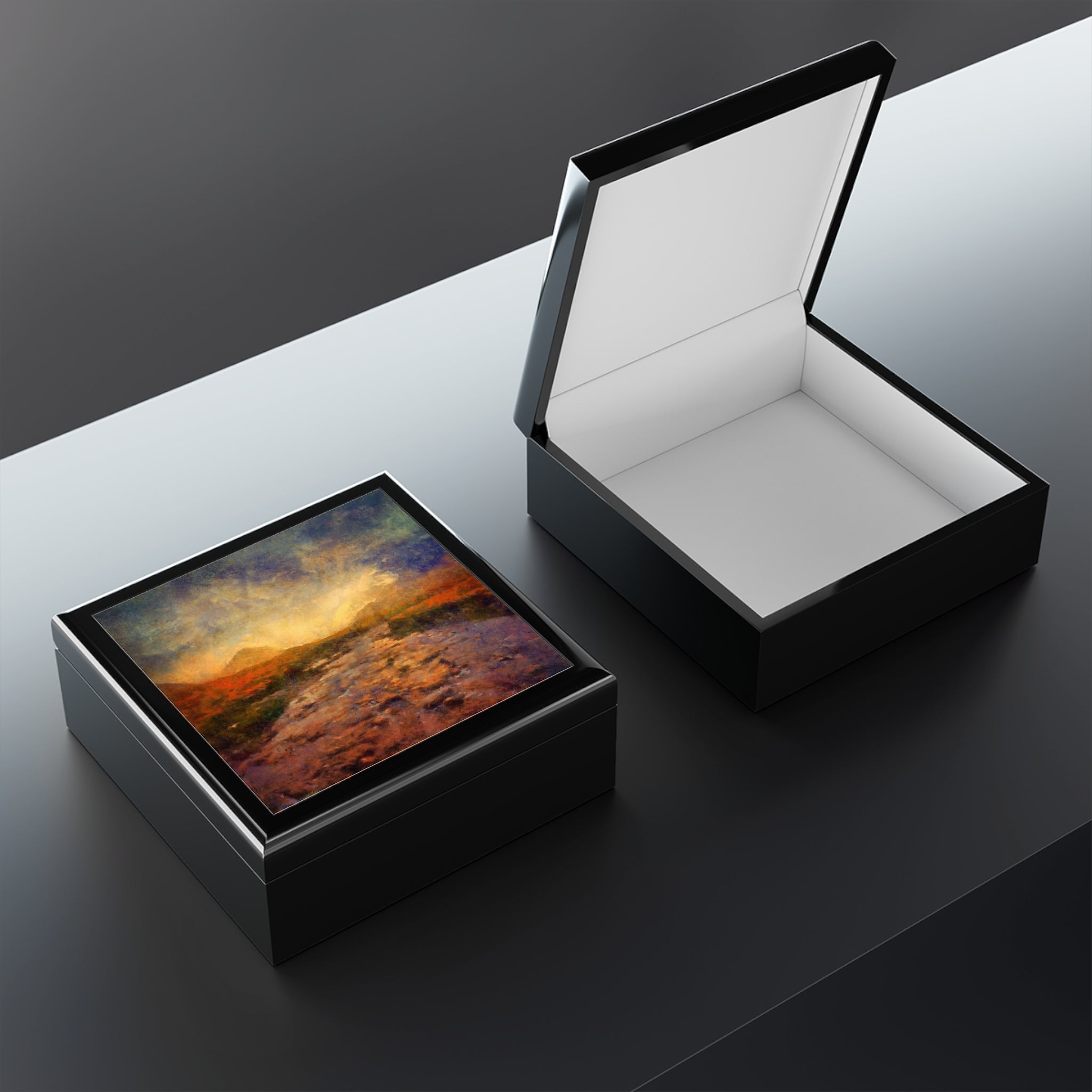 Black keepsake jewelry boxes with landscape painting and white interior display Scotland scenery
