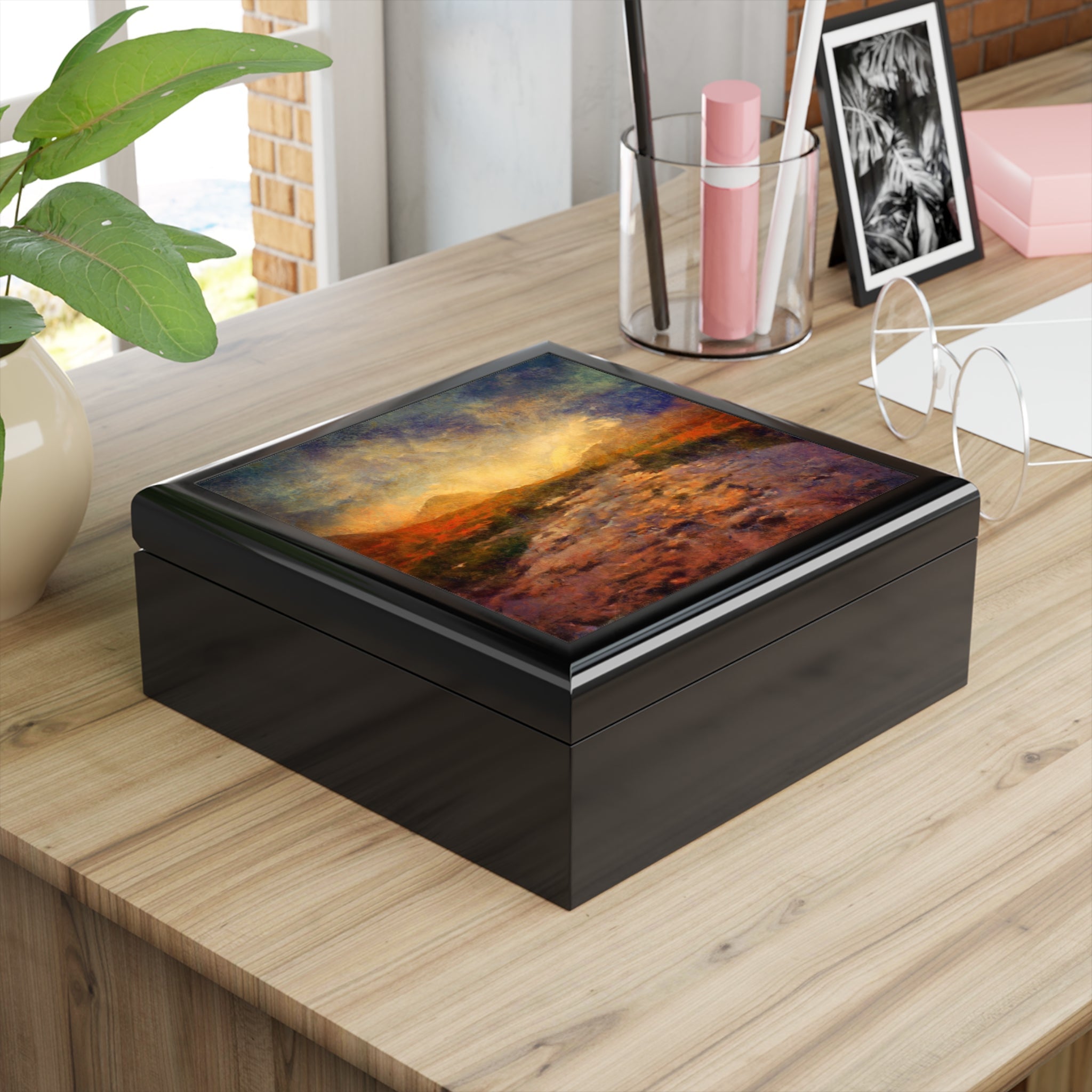 Glossy black keepsake box with vibrant landscape painting lid from Scotland