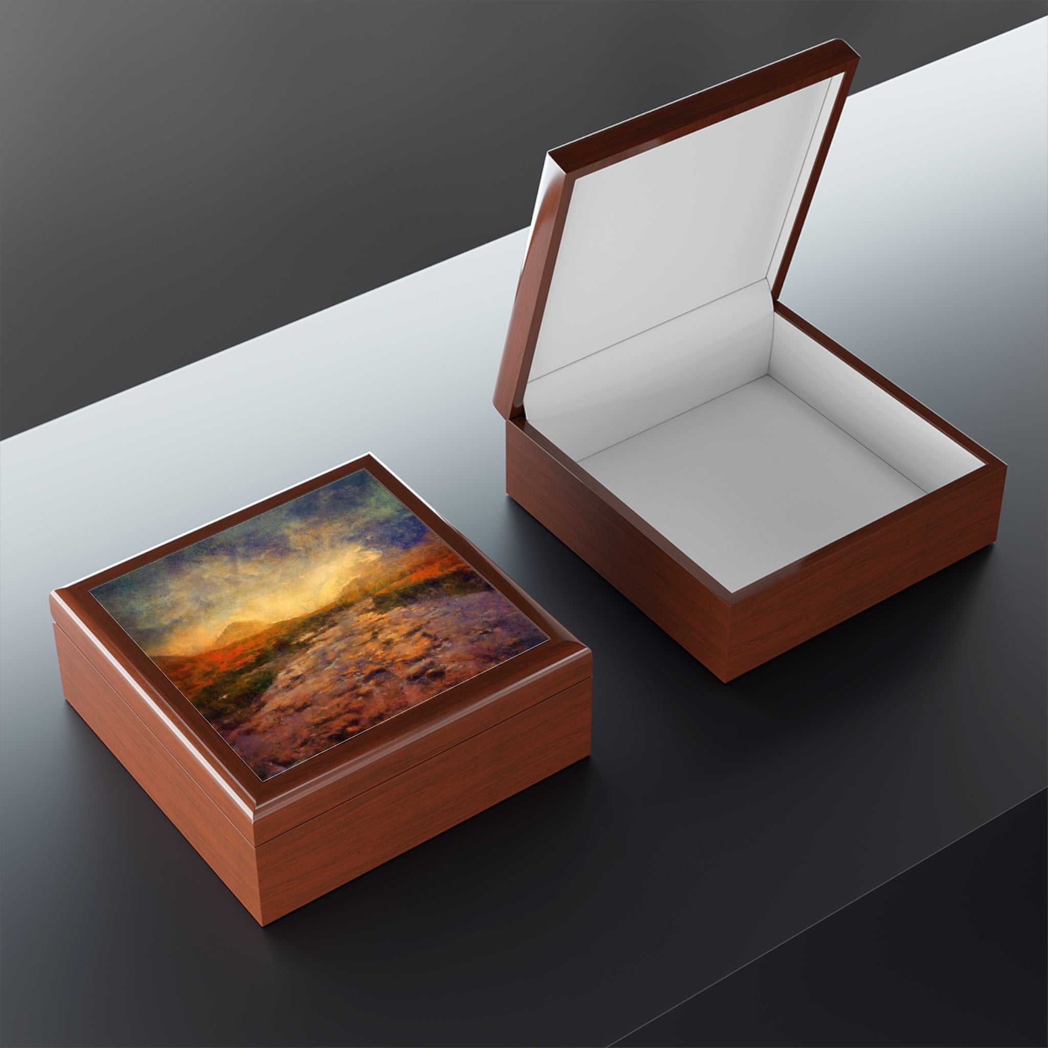 Brown wooden jewelry boxes with landscape art and white interior in Scotland product display