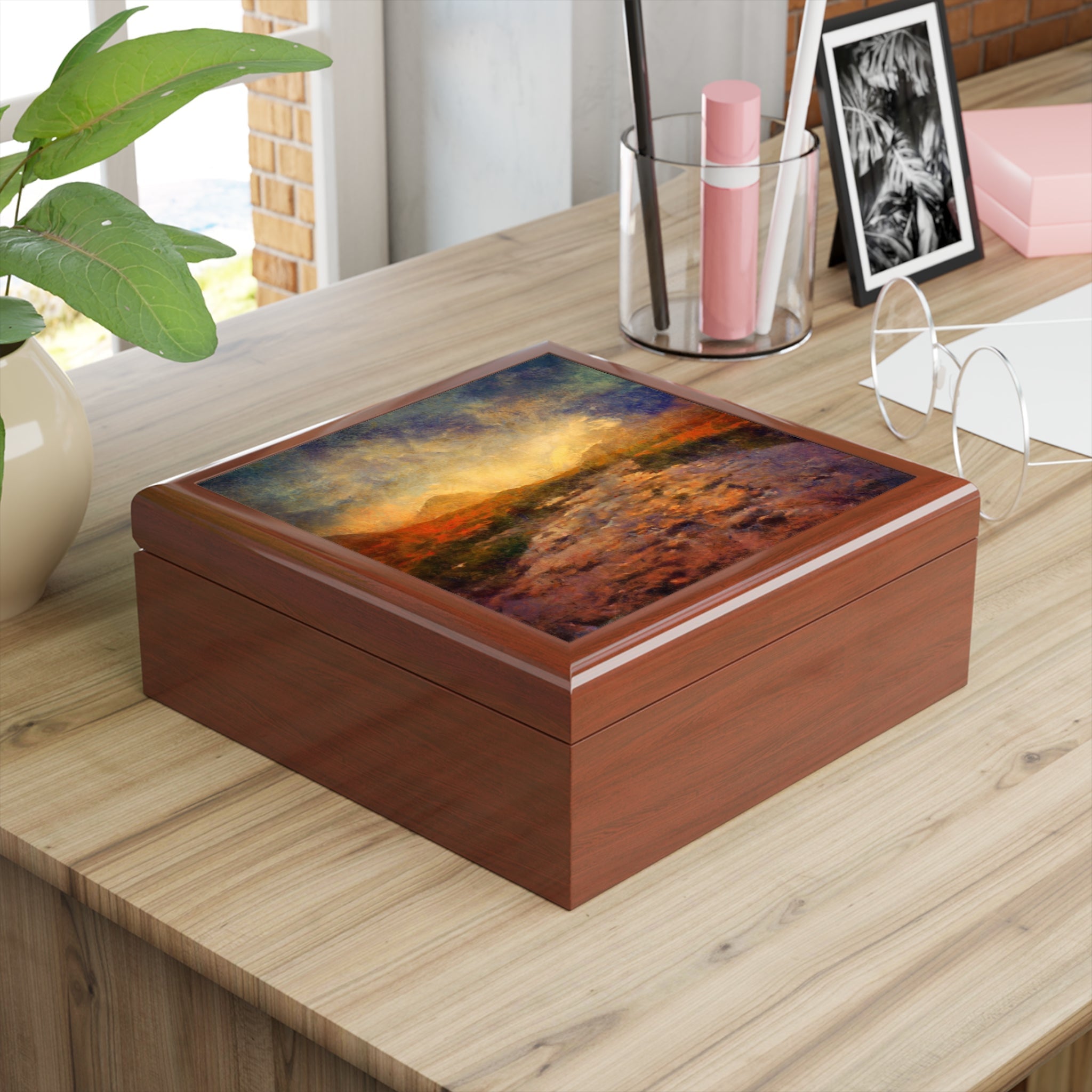 Brown wooden jewelry box with vibrant landscape painting lid, Scotland keepsake storage