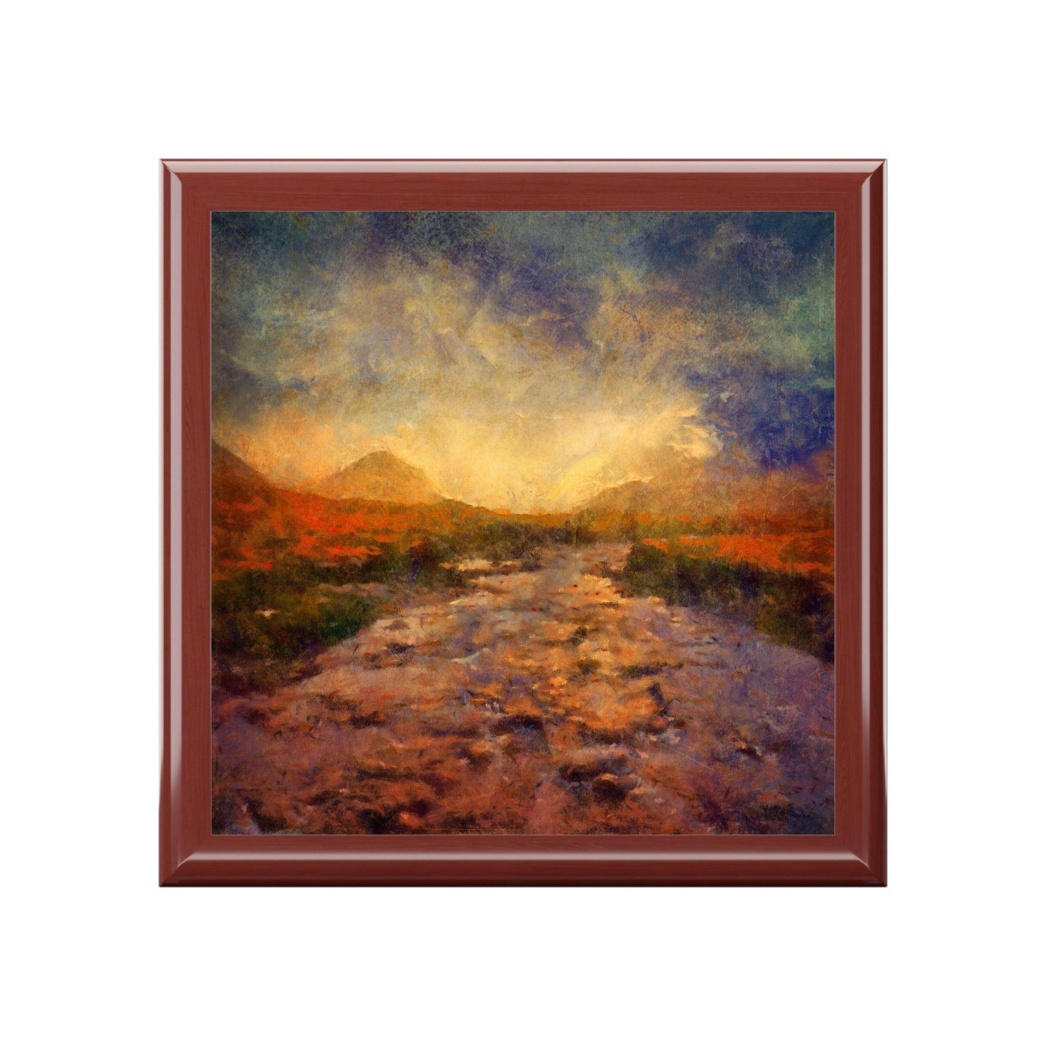 Framed landscape painting of a vibrant sunset over a river and mountains in Scotland