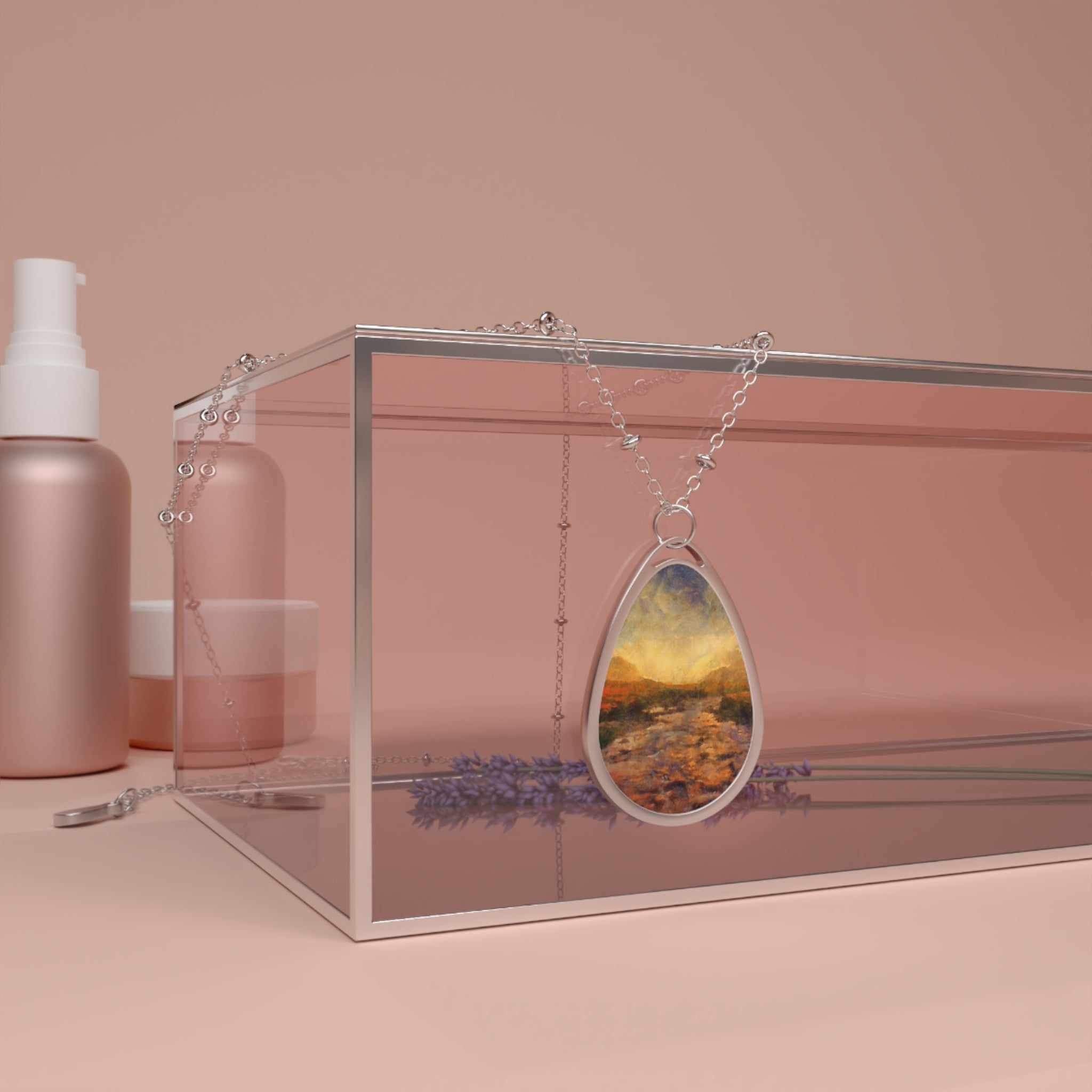 Teardrop-shaped pendant with painted Scottish landscape on silver chain necklace