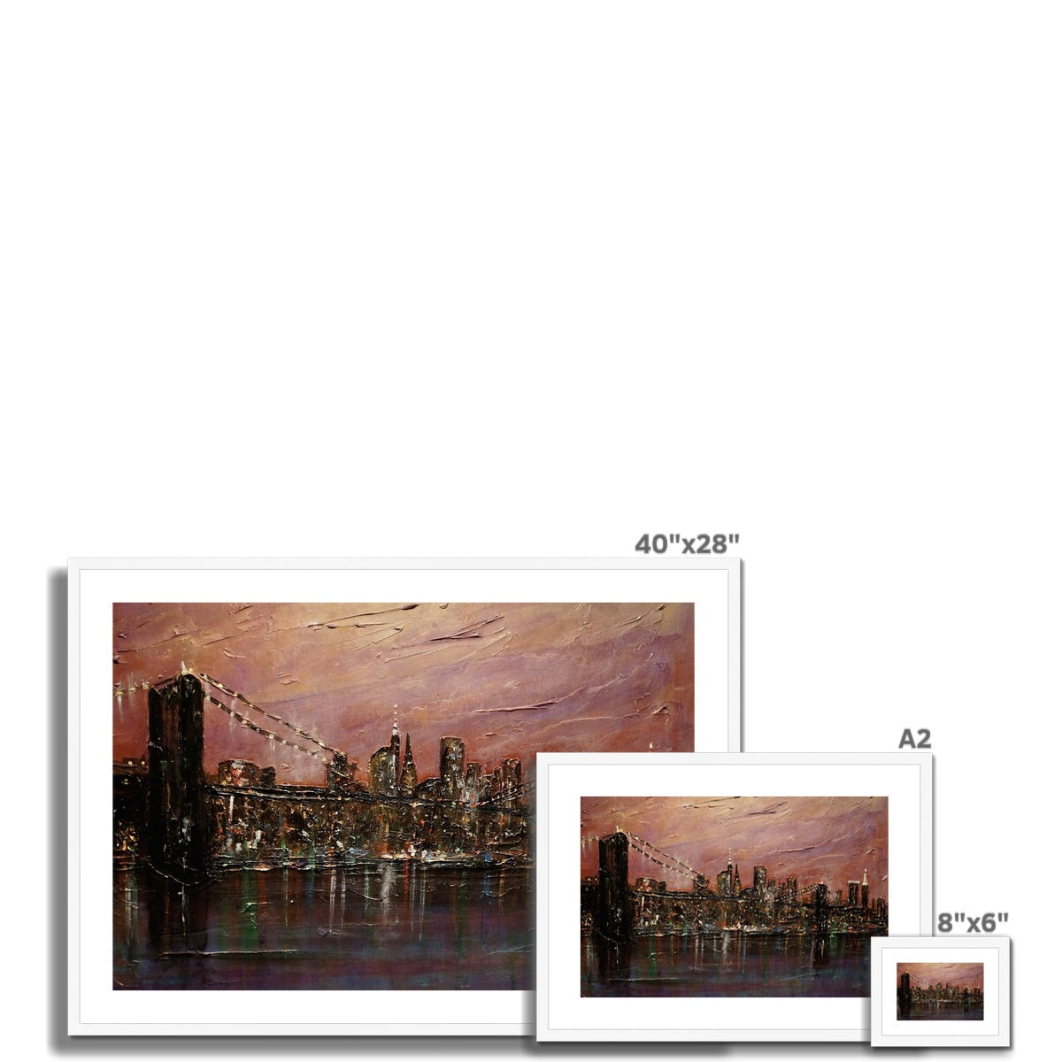 Framed Brooklyn Bridge painting print, 40x28 inches white frame