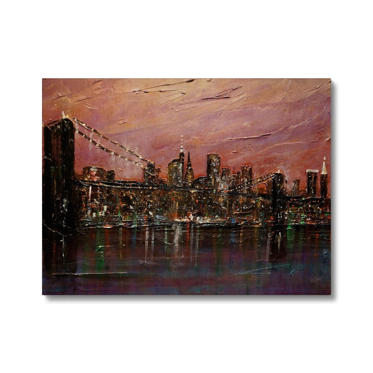 Vibrant Brooklyn Bridge canvas print with cityscape and water reflections