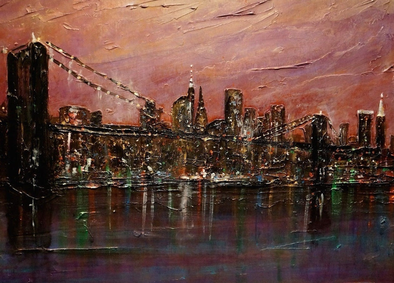 Impressionistic cityscape painting of Brooklyn Bridge in The Brooklyn Bridge Original Painting
