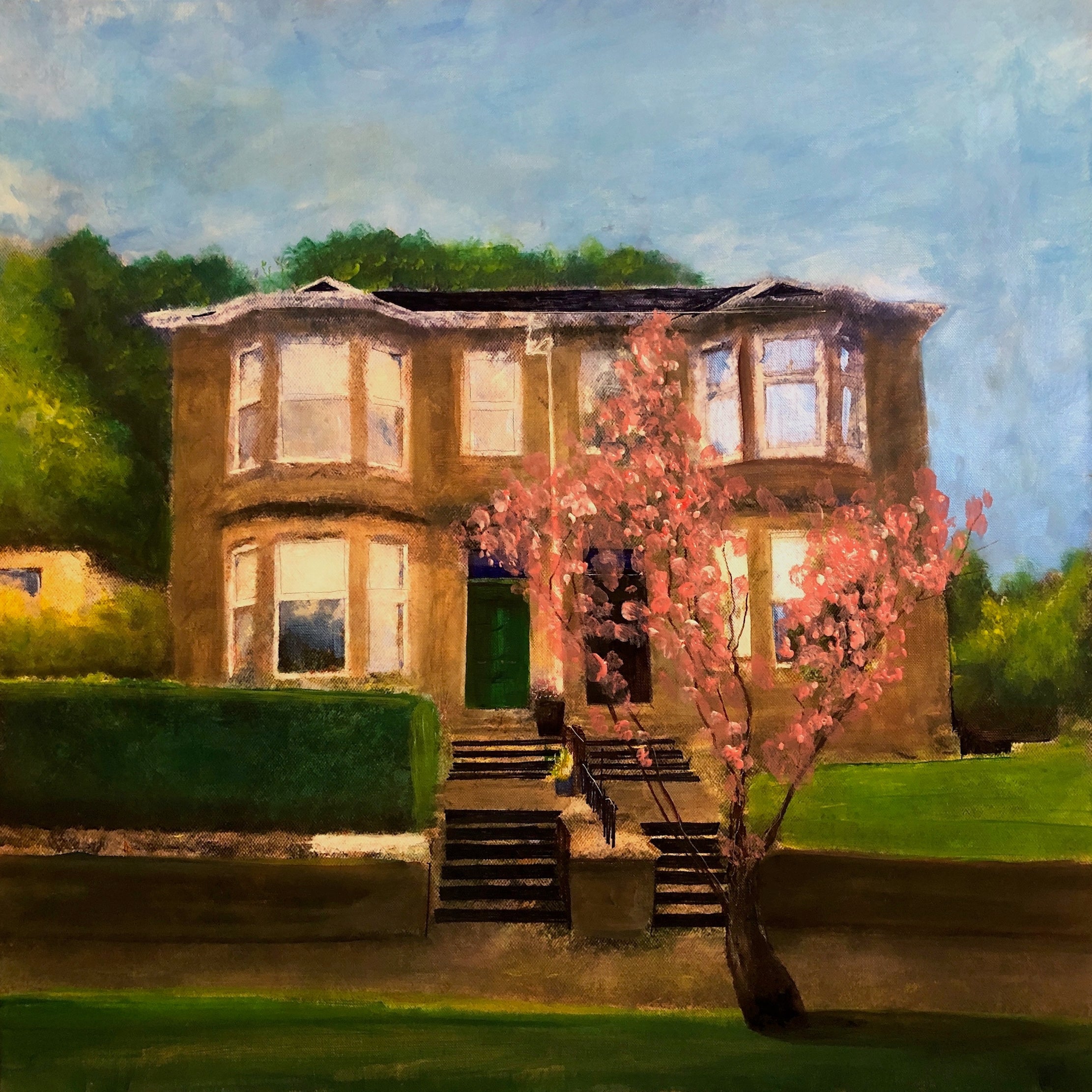 Impressionistic house with flowering tree in Broomberry Drive Original Painting