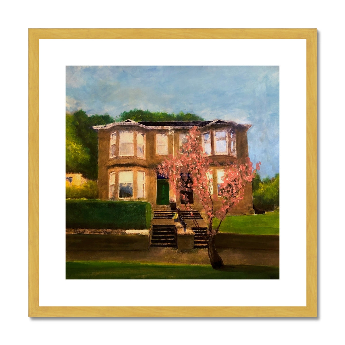 Broomberry Drive Painting | Antique Framed & Mounted Prints From Scotland-Antique Framed & Mounted Prints-River Clyde Art Gallery-20"x20"-Gold Frame-Paintings, Prints, Homeware, Art Gifts From Scotland By Scottish Artist Kevin Hunter