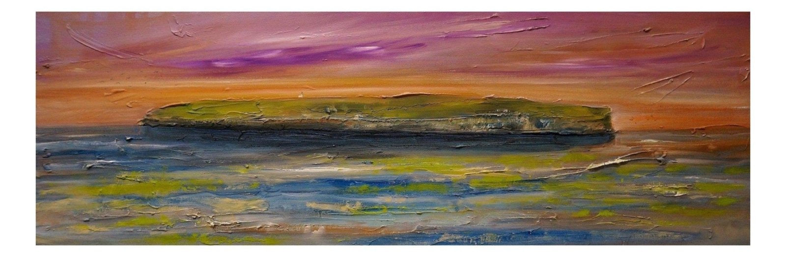 Oil painting of a coastal landscape with an island at sunset for The Brough Of Birsay Panoramic Prints