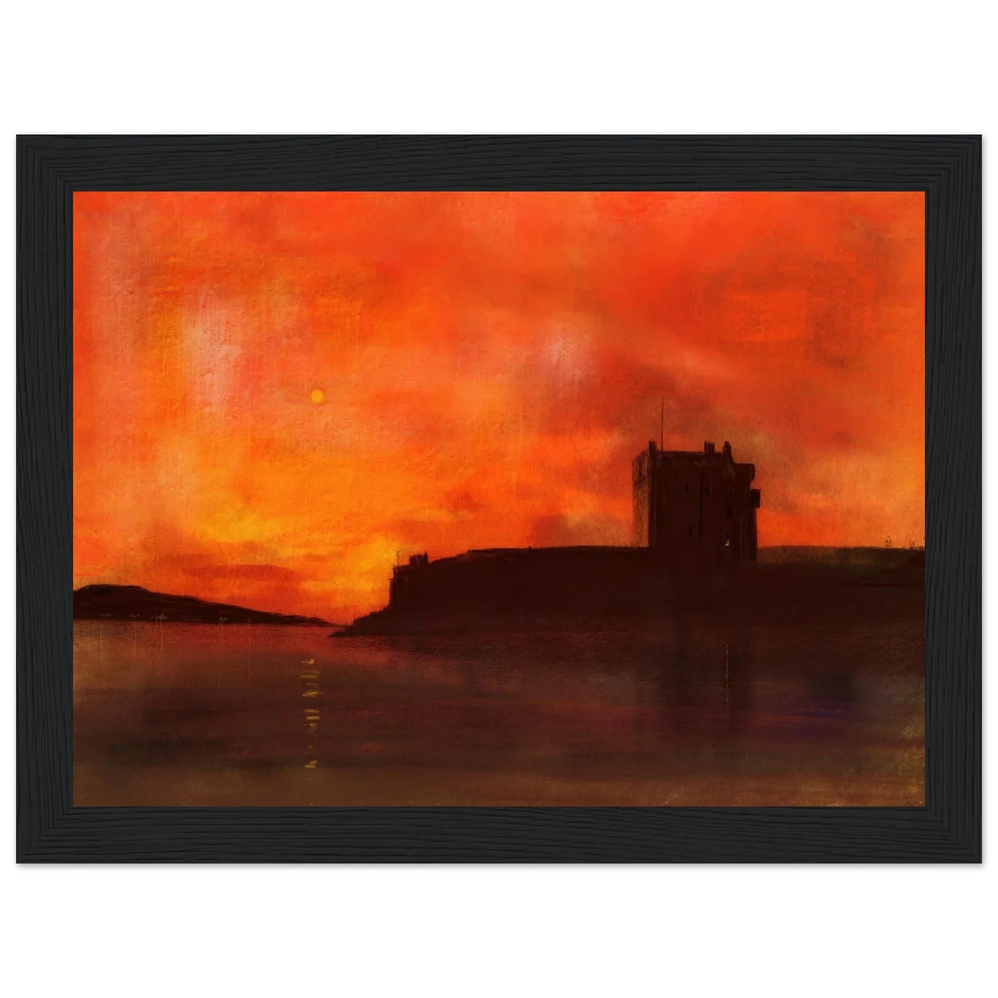 Framed silhouette of Broughty Castle at dusk sunset in Scotland