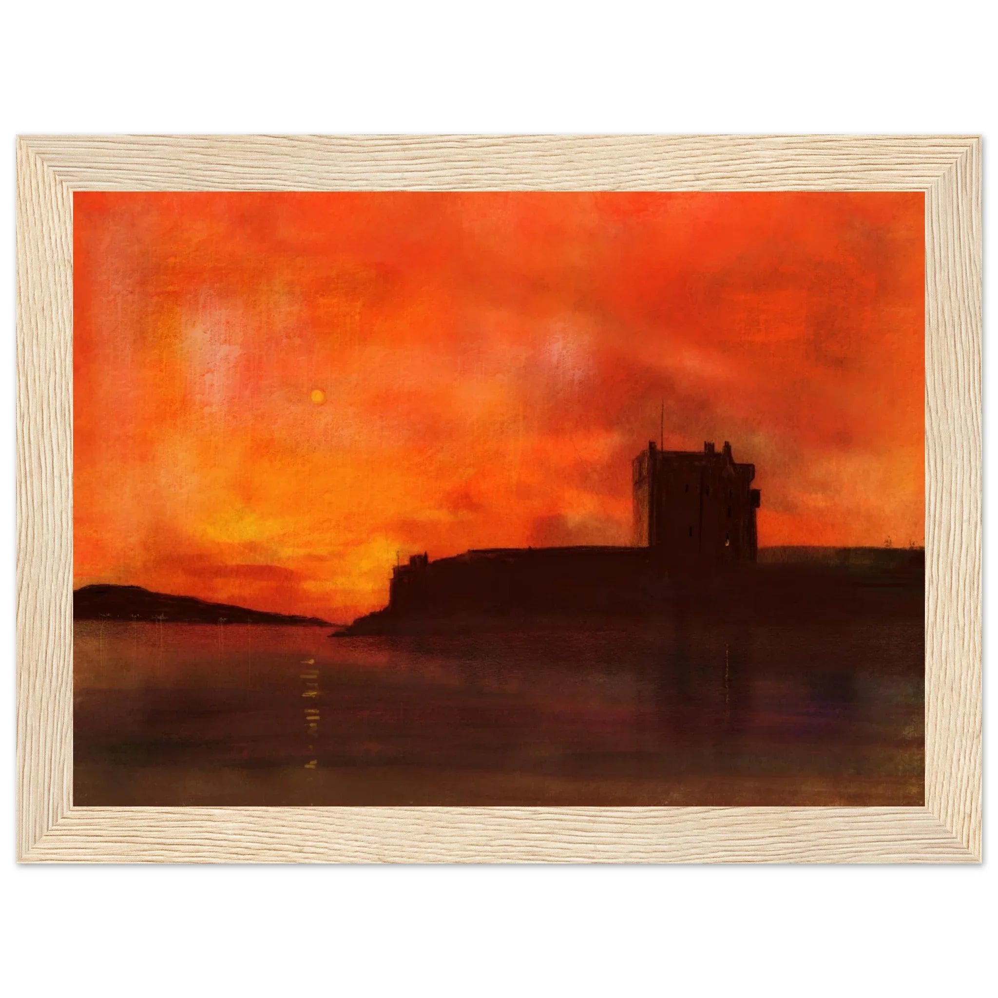Broughty Castle silhouette at dusk against orange red sunset over water, Scotland in your pocket