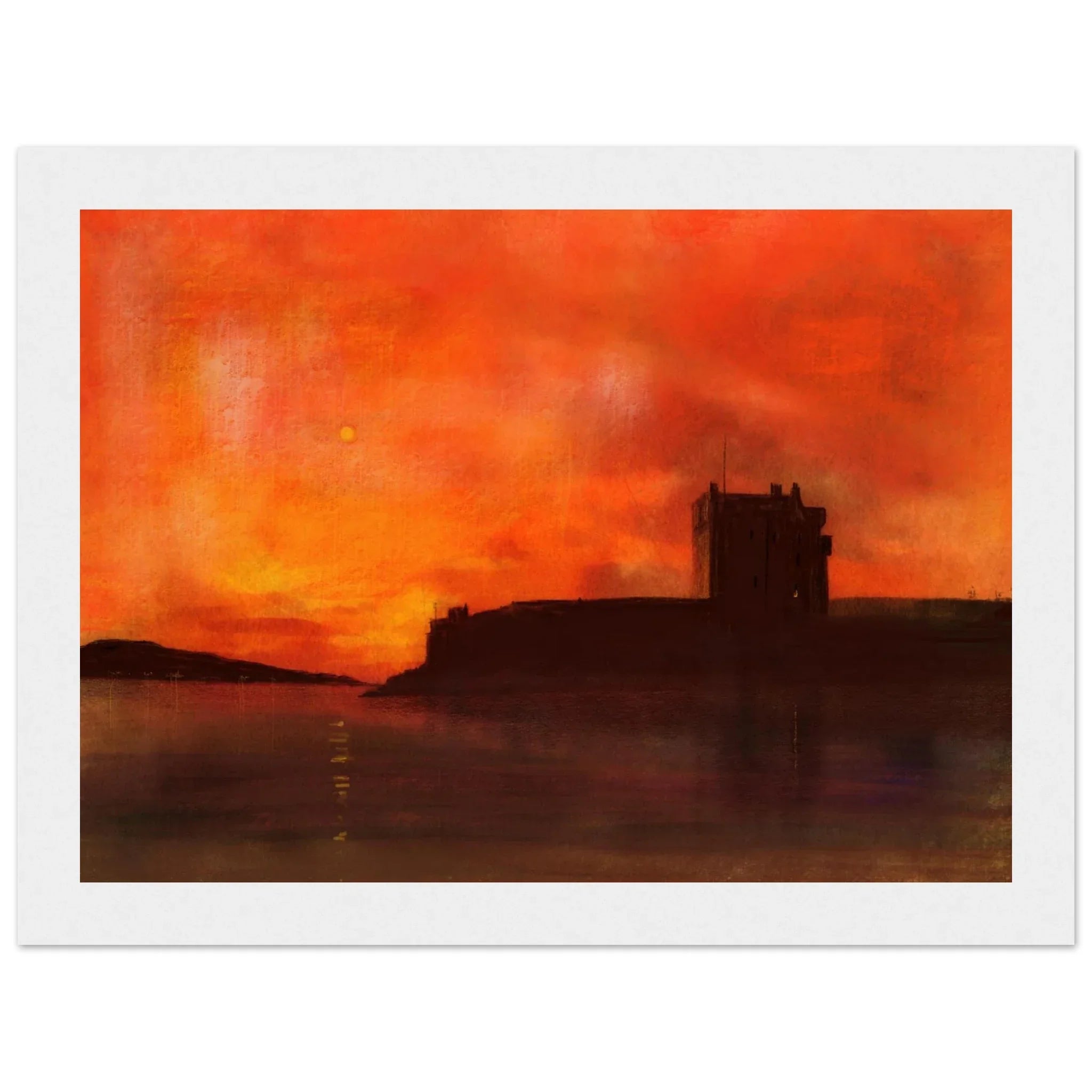 Broughty Castle dusk silhouette against orange red sunset over water, framed painting