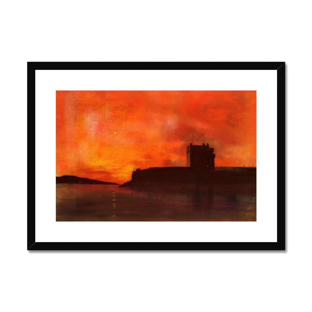 Broughty Castle sunset silhouette in black frame against fiery orange sky