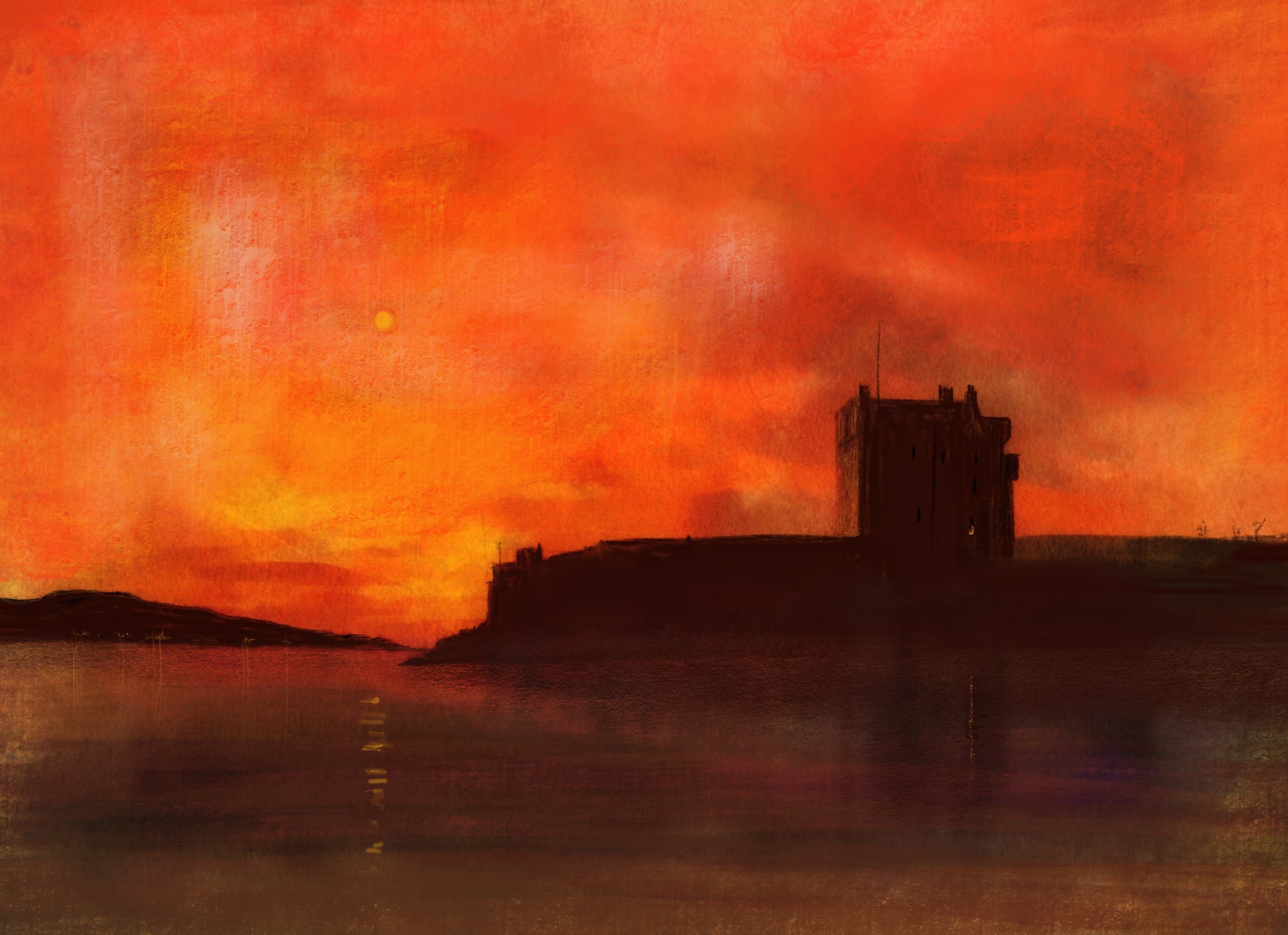 Broughty Castle silhouette against red orange Scottish sunset sky