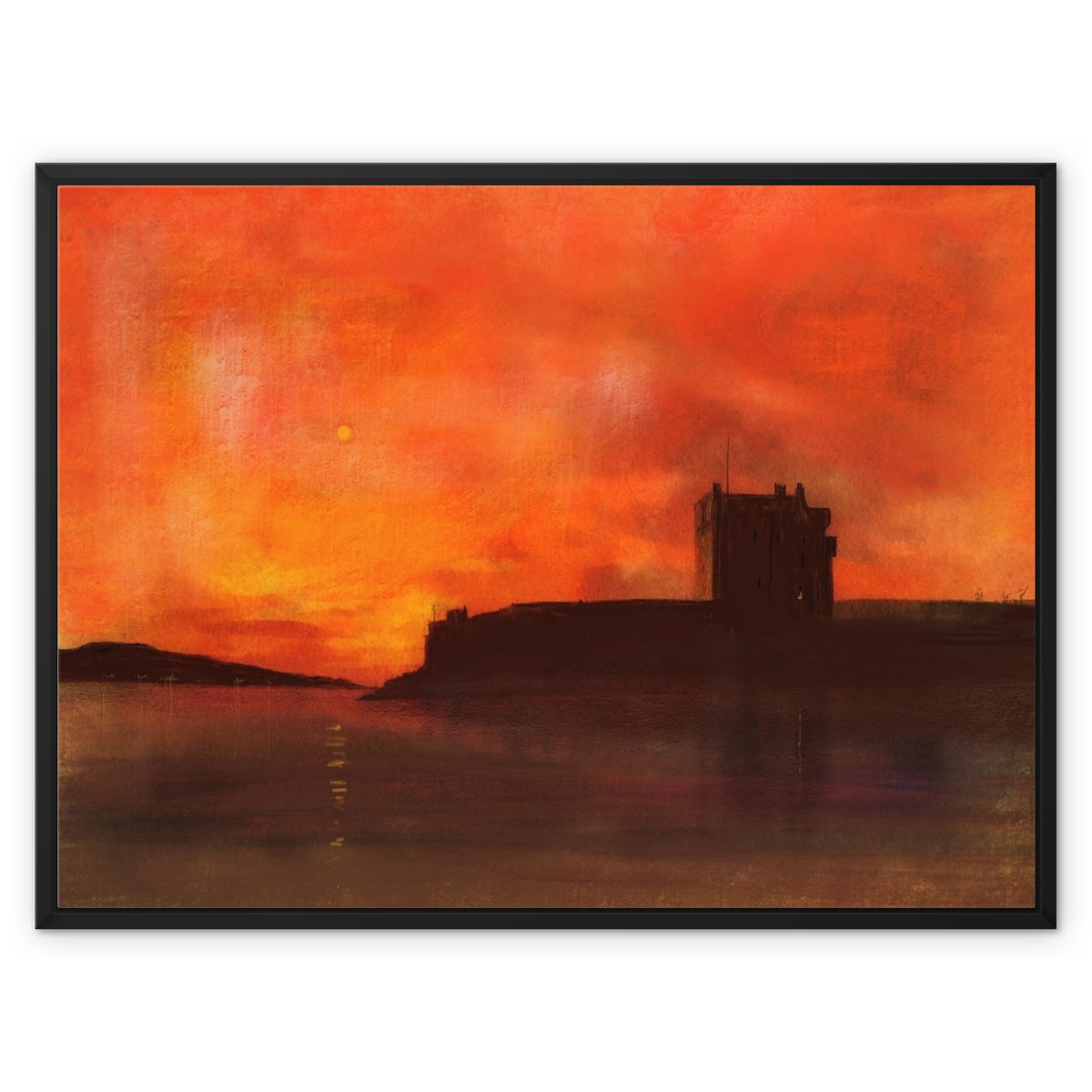 Broughty Castle Sunset Painting | Framed Canvas From Scotland-Floating Framed Canvas Prints-Scottish Castles Art Gallery-32"x24"-Black Frame-Paintings, Prints, Homeware, Art Gifts From Scotland By Scottish Artist Kevin Hunter
