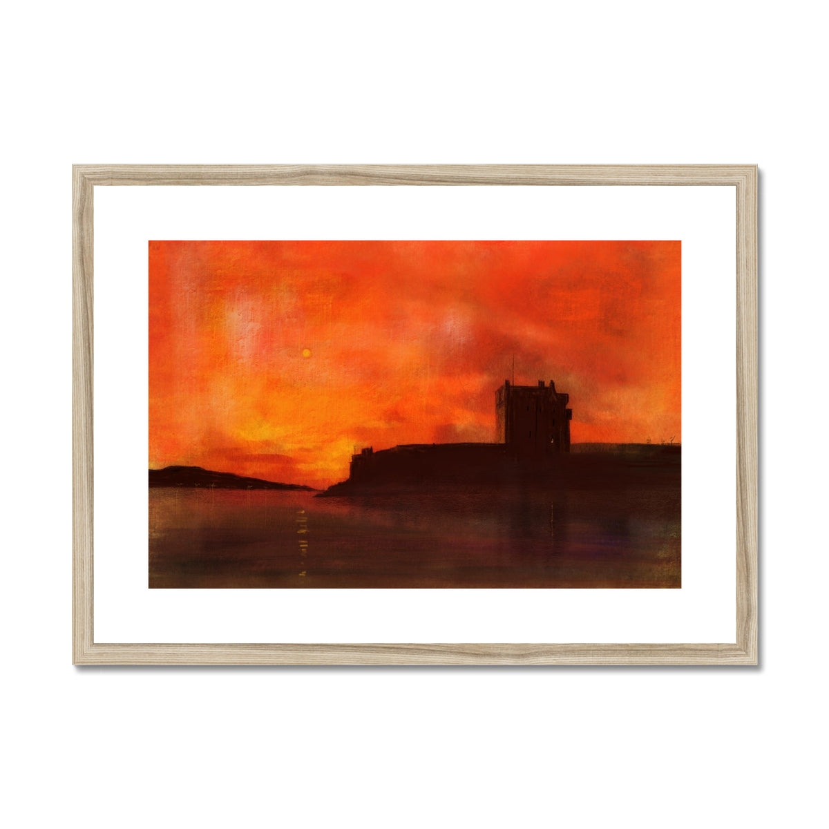 Broughty Castle Sunset Painting | Framed & Mounted Prints From Scotland-Framed & Mounted Prints-Scottish Castles Art Gallery-A2 Landscape-Natural Frame-Paintings, Prints, Homeware, Art Gifts From Scotland By Scottish Artist Kevin Hunter