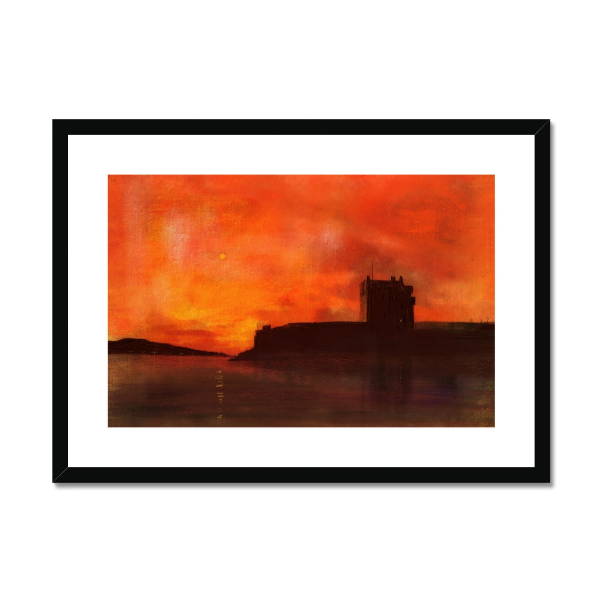 Broughty Castle Sunset Painting | Framed & Mounted Prints From Scotland-Framed & Mounted Prints-Scottish Castles Art Gallery-A2 Landscape-Black Frame-Paintings, Prints, Homeware, Art Gifts From Scotland By Scottish Artist Kevin Hunter