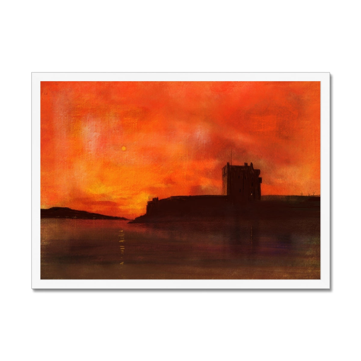 Broughty Castle Sunset Painting | Framed Prints From Scotland-Framed Prints-Scottish Castles Art Gallery-A2 Landscape-White Frame-Paintings, Prints, Homeware, Art Gifts From Scotland By Scottish Artist Kevin Hunter