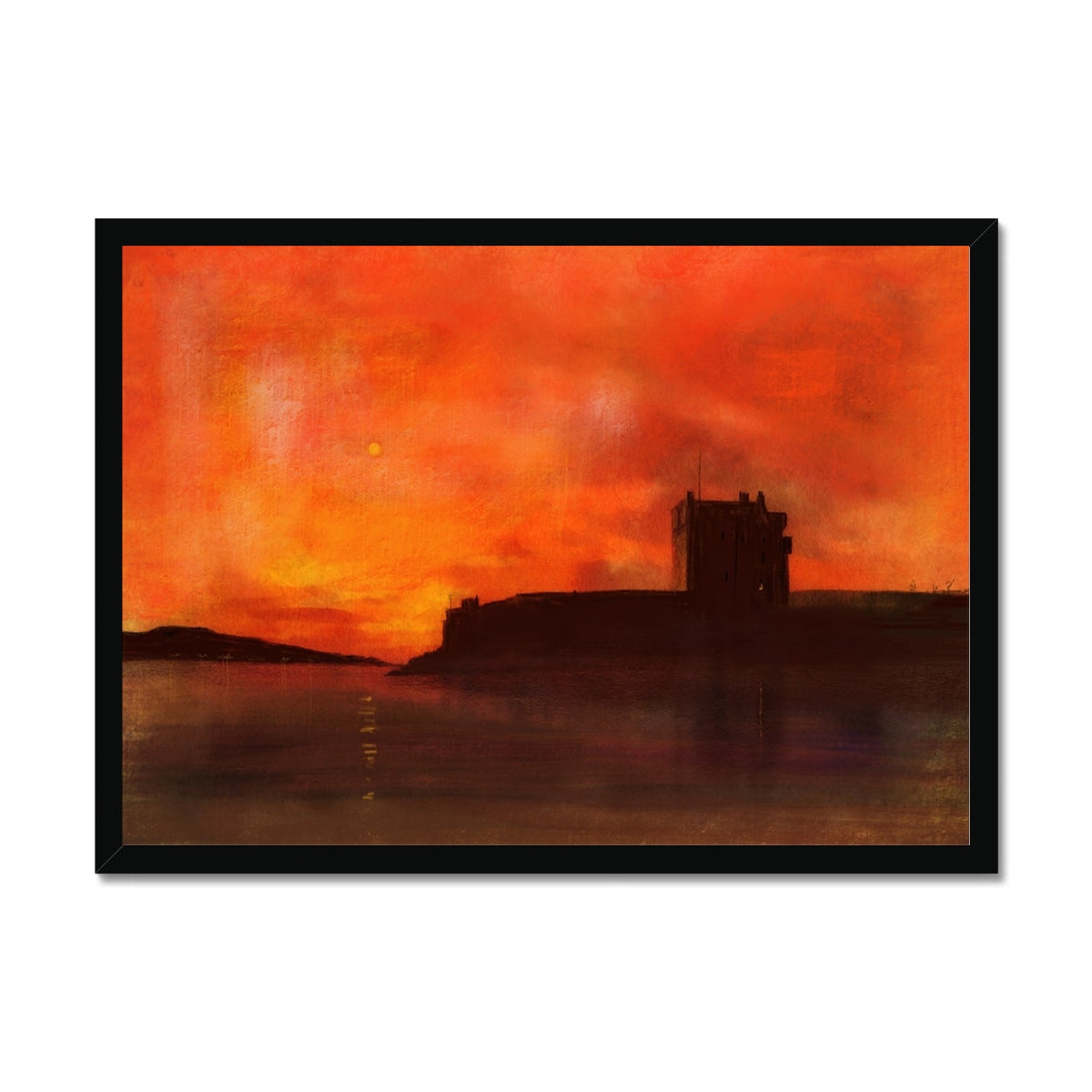 Broughty Castle Sunset Painting | Framed Prints From Scotland-Framed Prints-Scottish Castles Art Gallery-A2 Landscape-Black Frame-Paintings, Prints, Homeware, Art Gifts From Scotland By Scottish Artist Kevin Hunter