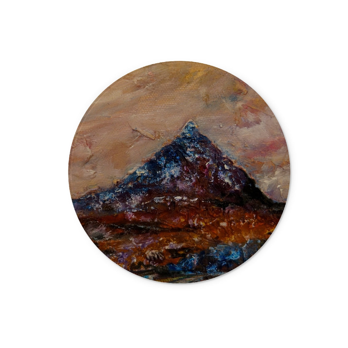 Buachaille Etive Mòr Art Gifts Glass Chopping Board-Glass Chopping Boards-Glencoe Art Gallery-12" Round-Paintings, Prints, Homeware, Art Gifts From Scotland By Scottish Artist Kevin Hunter