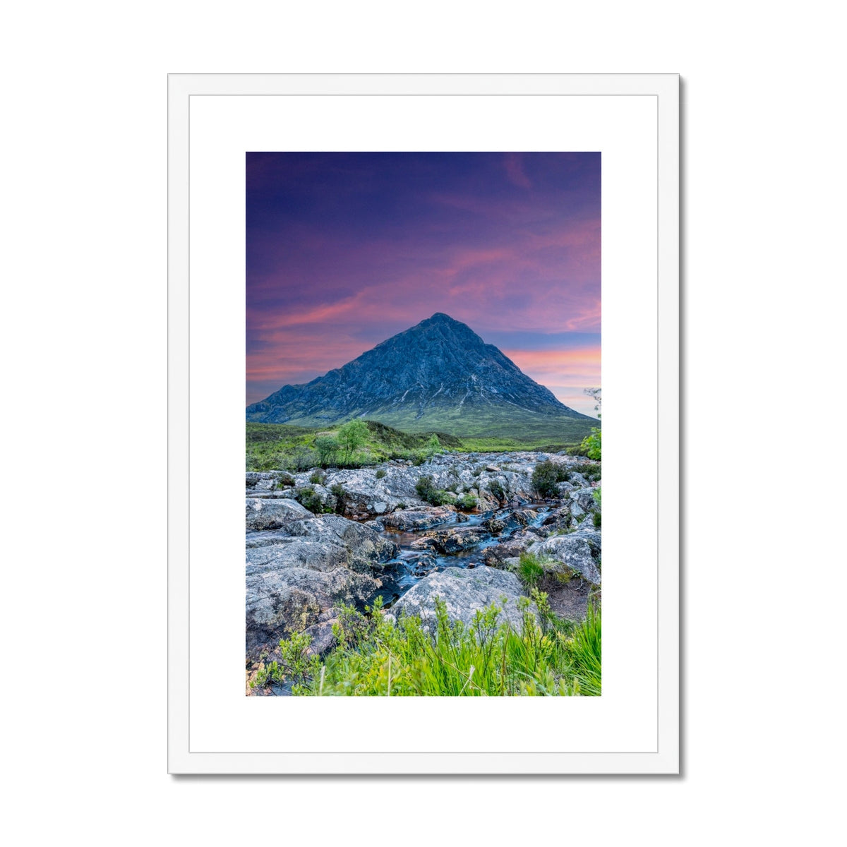 Buachaille Etive Mor Dawn: White-framed mountain print with pink sunset